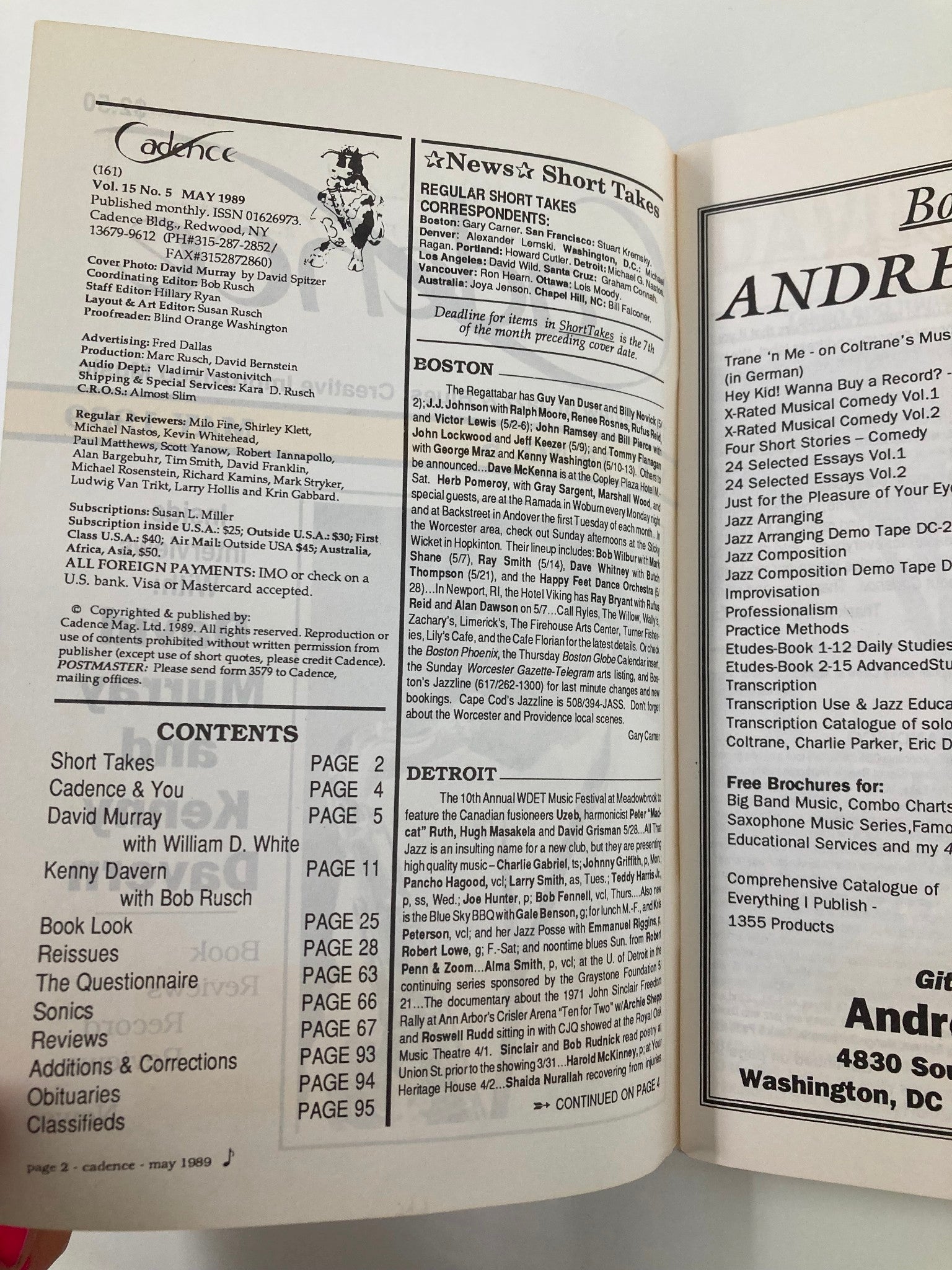 Inside page of VTG Cadence Jazz Magazine May 1989 Vol 15 #5 showcasing the table of contents with articles on David Murray, Kenny Davern, and short takes in jazz news.