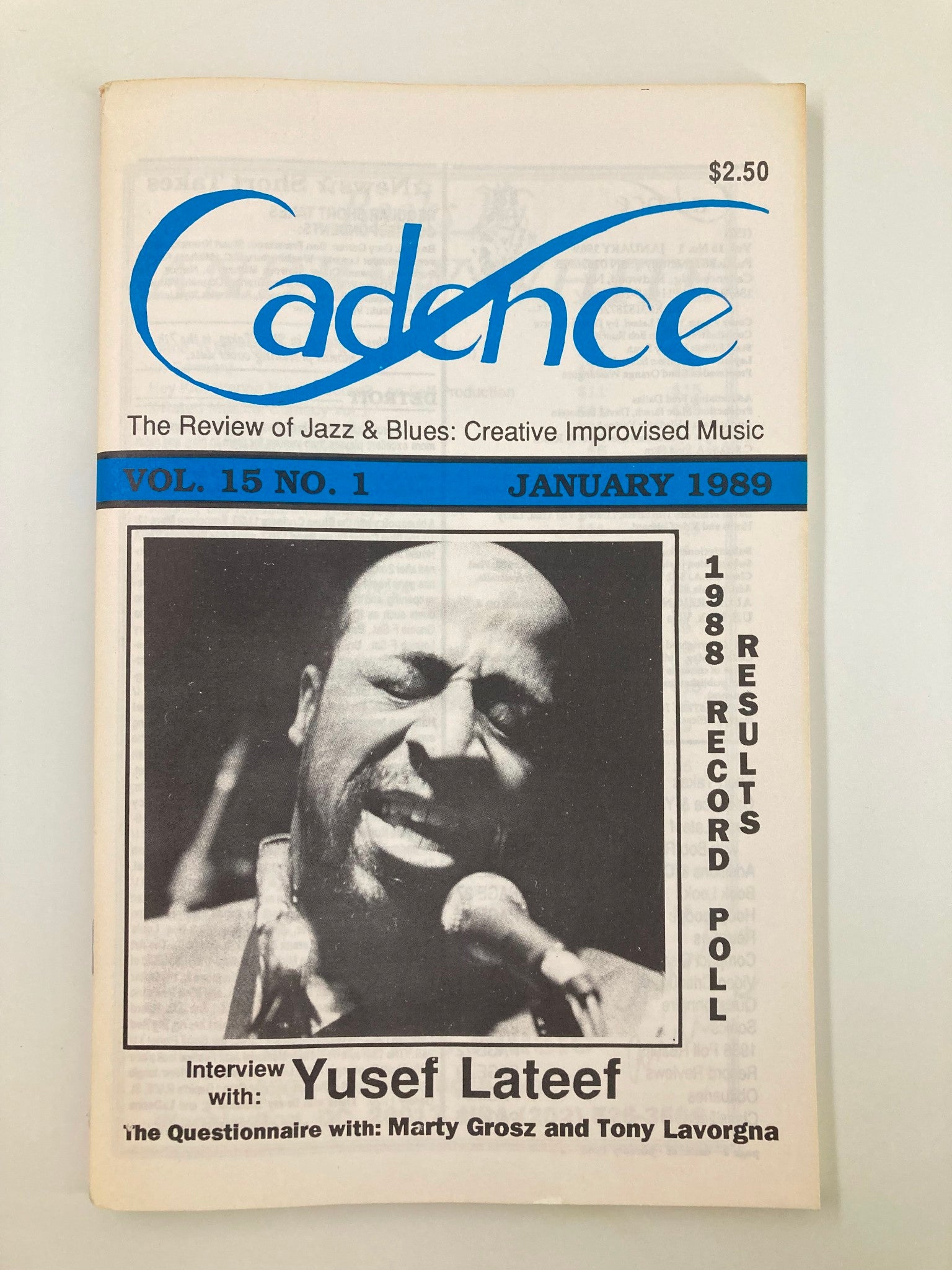 Cover of VTG Cadence Jazz Magazine January 1989 Vol 15 #1 featuring an interview with Yusef Lateef and contributions from Marty Grosz, showcasing vibrant jazz themes.