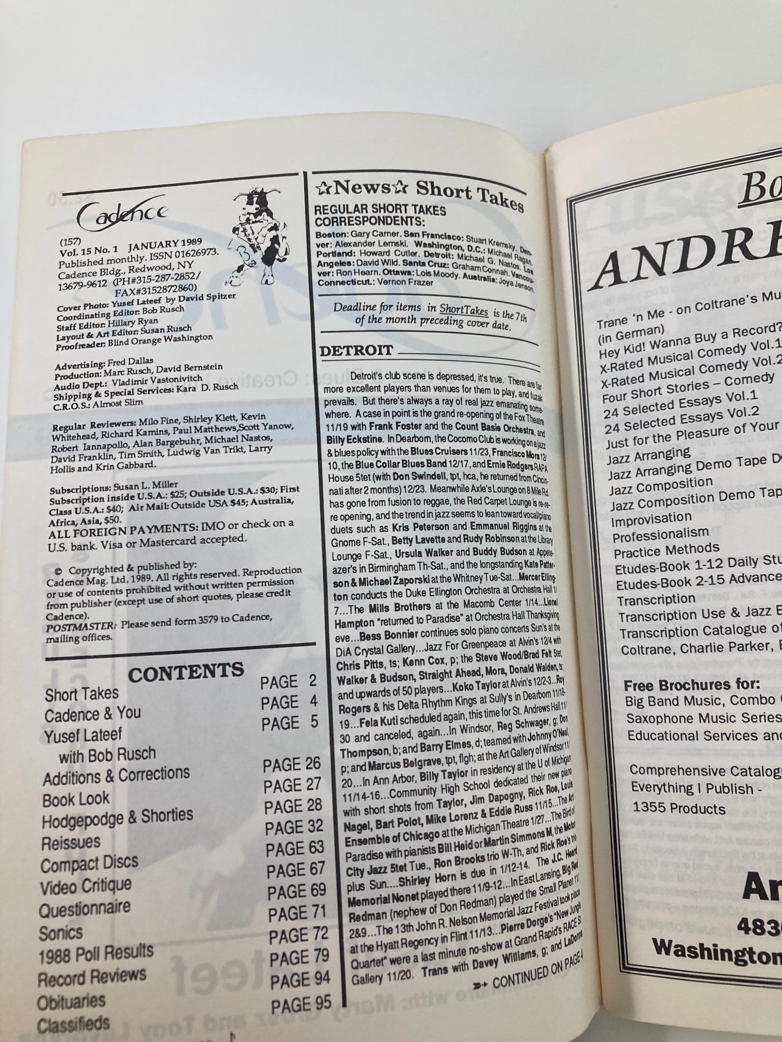 Inside page of VTG Cadence Jazz Magazine January 1989 Vol 15 #1 displaying contents and editorial details, highlighting features of jazz music.