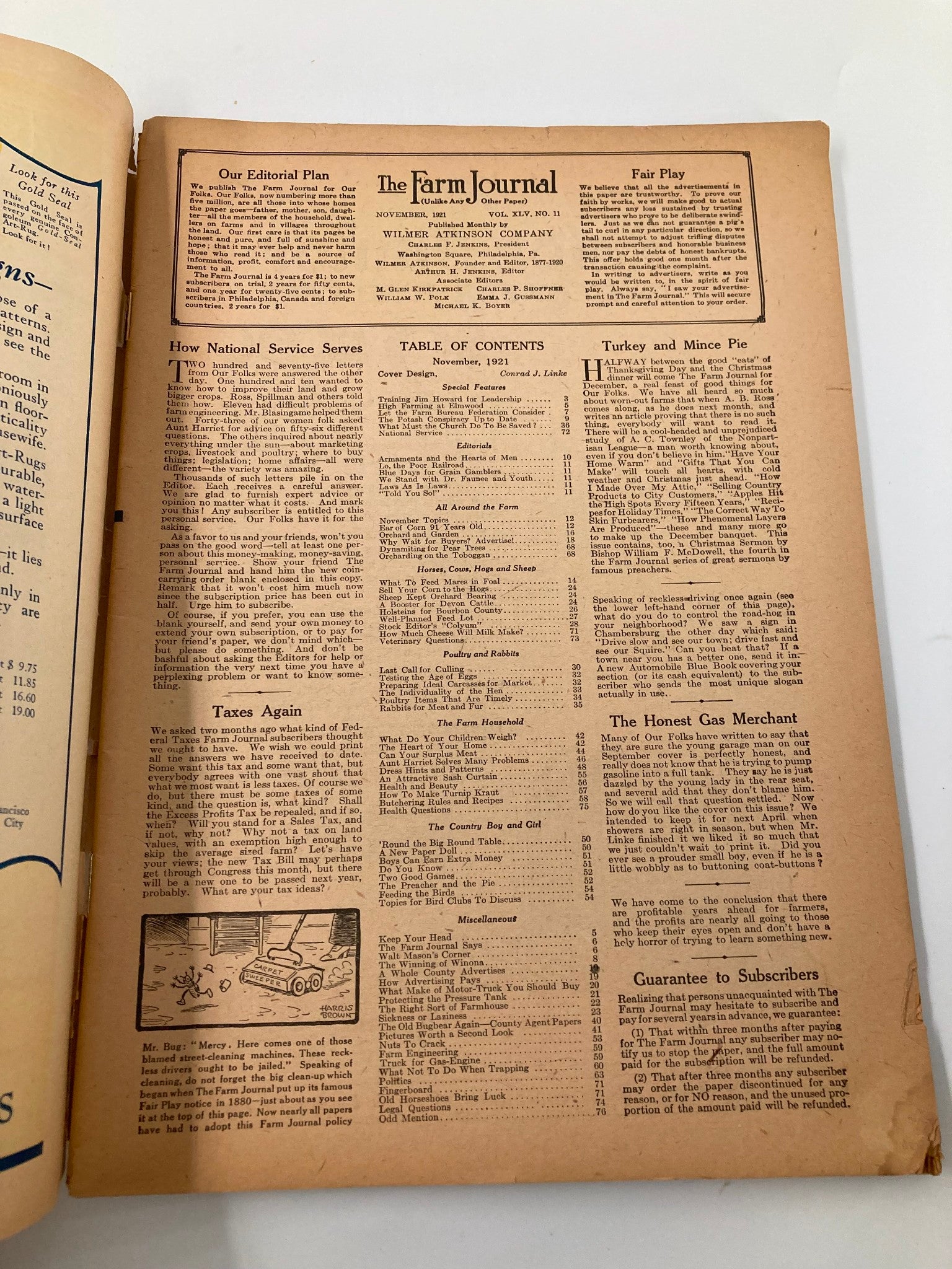 Table of contents page from VTG The Farm Journal Magazine November 1921, outlining various articles related to agriculture and farm life, offering insights into early 20th-century American farming practices.