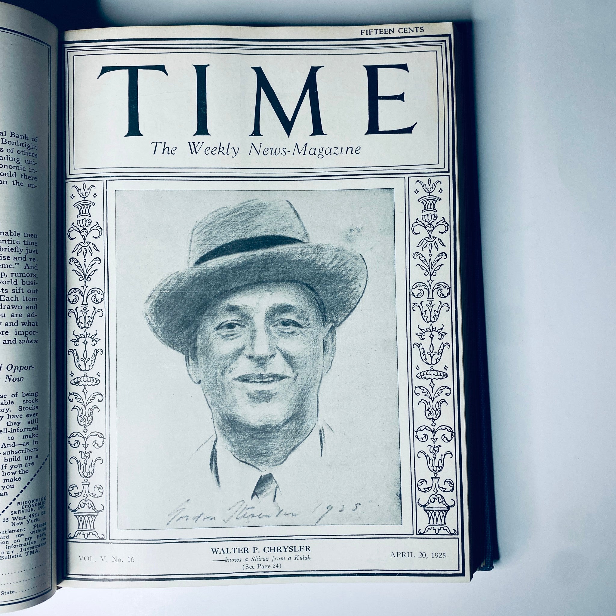 Front page of Time Magazine from April 20, 1925, featuring Walter P. Chrysler with a drawing illustration. Time Magazine Bound Weekly 1925 January - June Churchill Edison Lull.