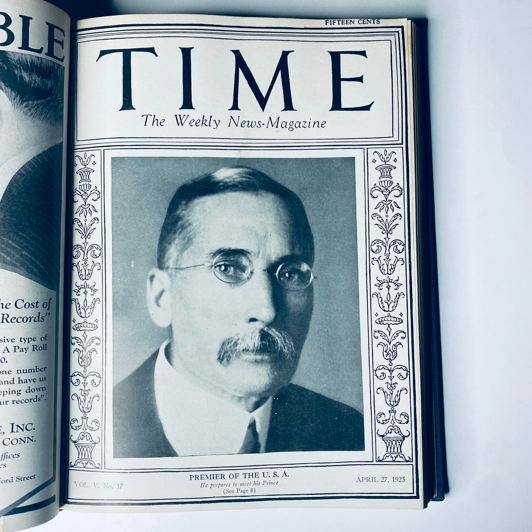 Front page of Time Magazine from April 27, 1925, showcasing the Premier of the U.S.A. with a portrait. Time Magazine Bound Weekly 1925 January - June Churchill Edison Lull.