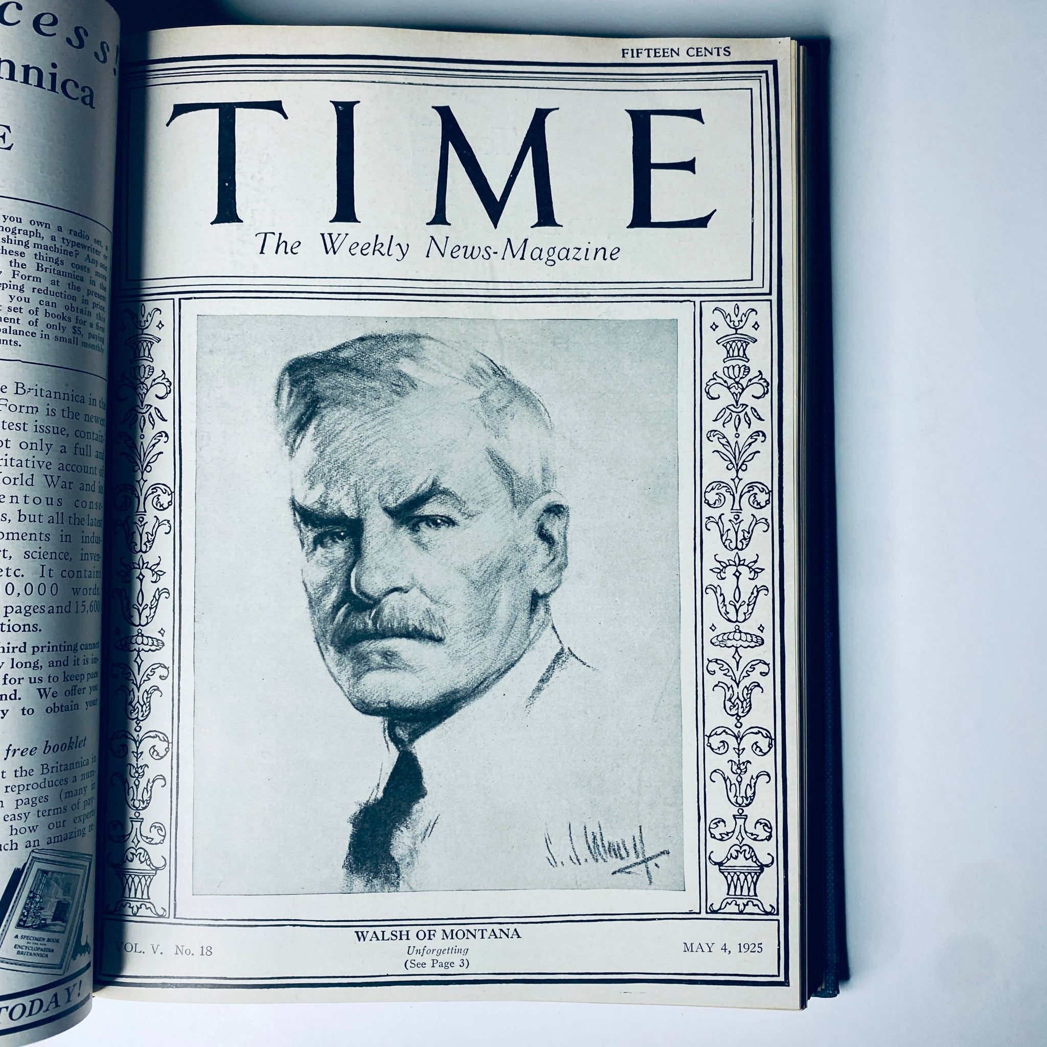 Front page of Time Magazine from May 4, 1925, featuring a drawing of Walsh of Montana. Time Magazine Bound Weekly 1925 January - June Churchill Edison Lull.