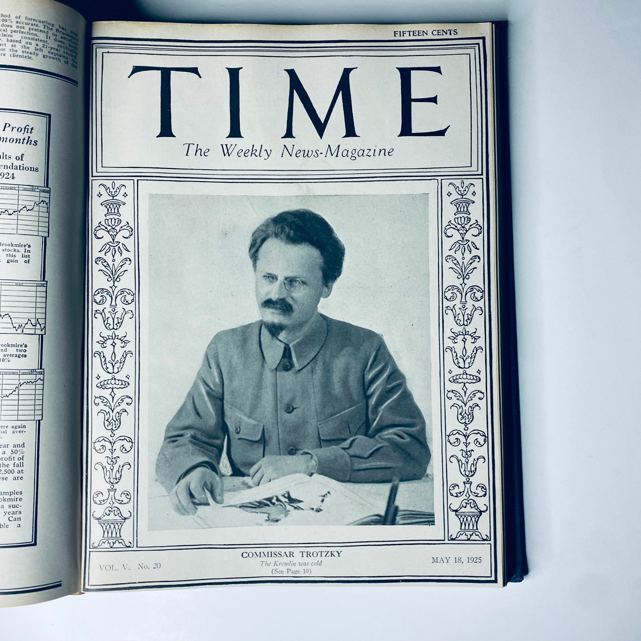 Front page of Time Magazine from May 18, 1925, featuring a portrait of Commissar Trotzky. Time Magazine Bound Weekly 1925 January - June Churchill Edison Lull.