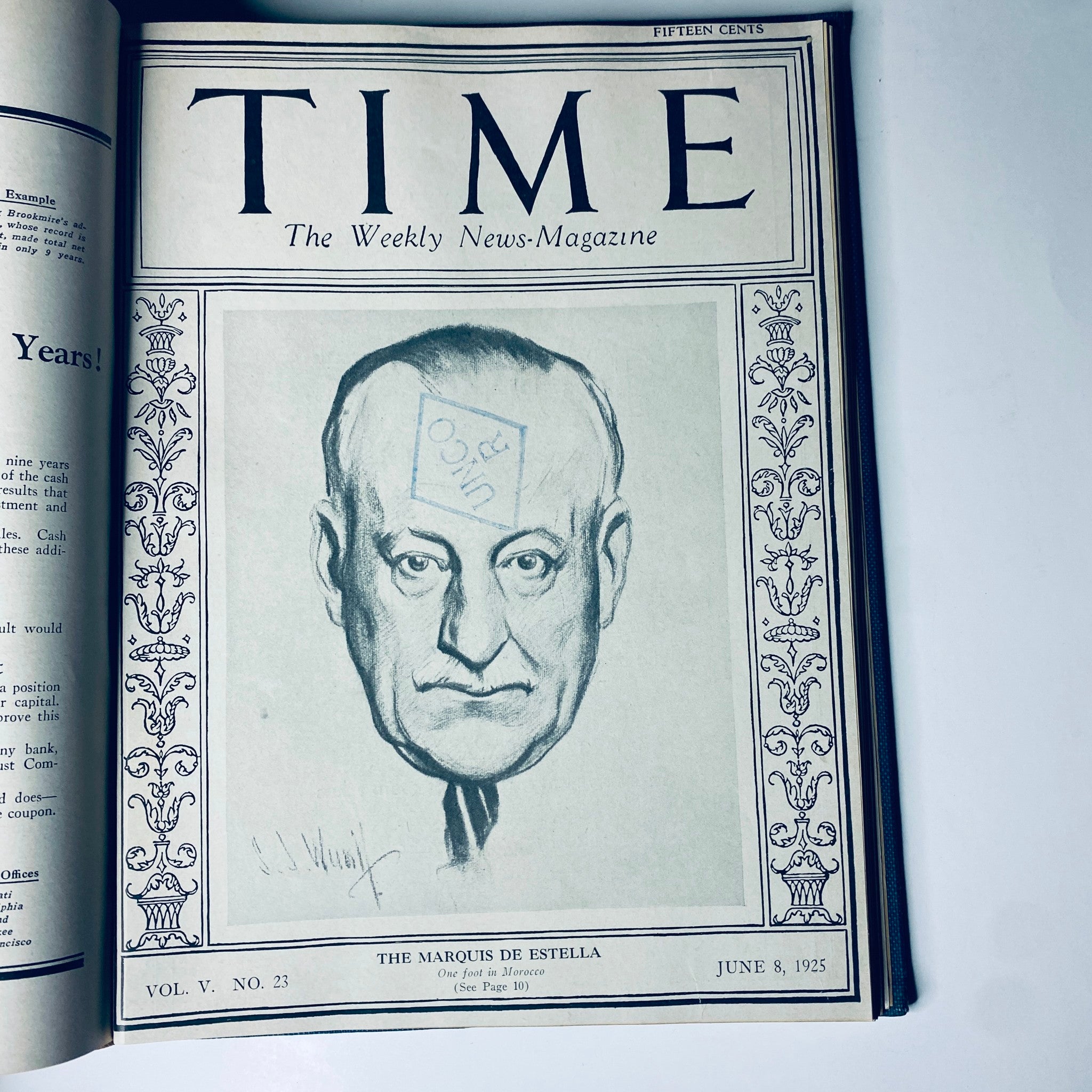 Cover of Time Magazine featuring The Marquis de Estella, dated June 8, 1925, from the Time Magazine Bound Weekly 1925 January - June collection.