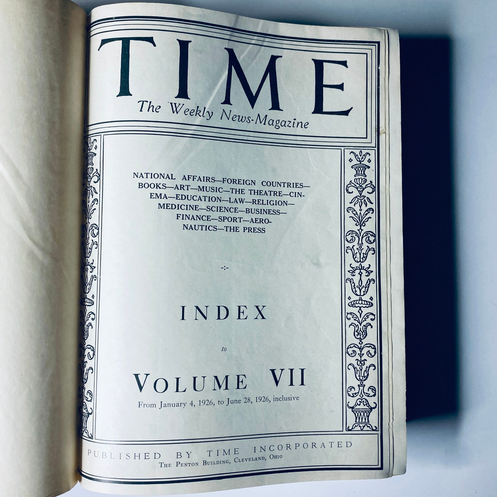 Title page of Time Magazine Bound Weekly Volume VII, January to June 1926, showcasing the magazine's index.