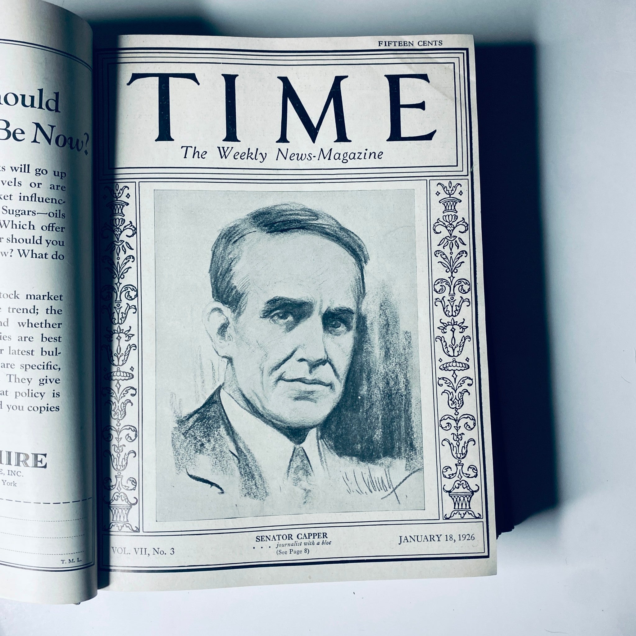 Cover of Time Magazine dated January 18, 1926, featuring Senator Capper, included in the Time Magazine Bound Weekly.
