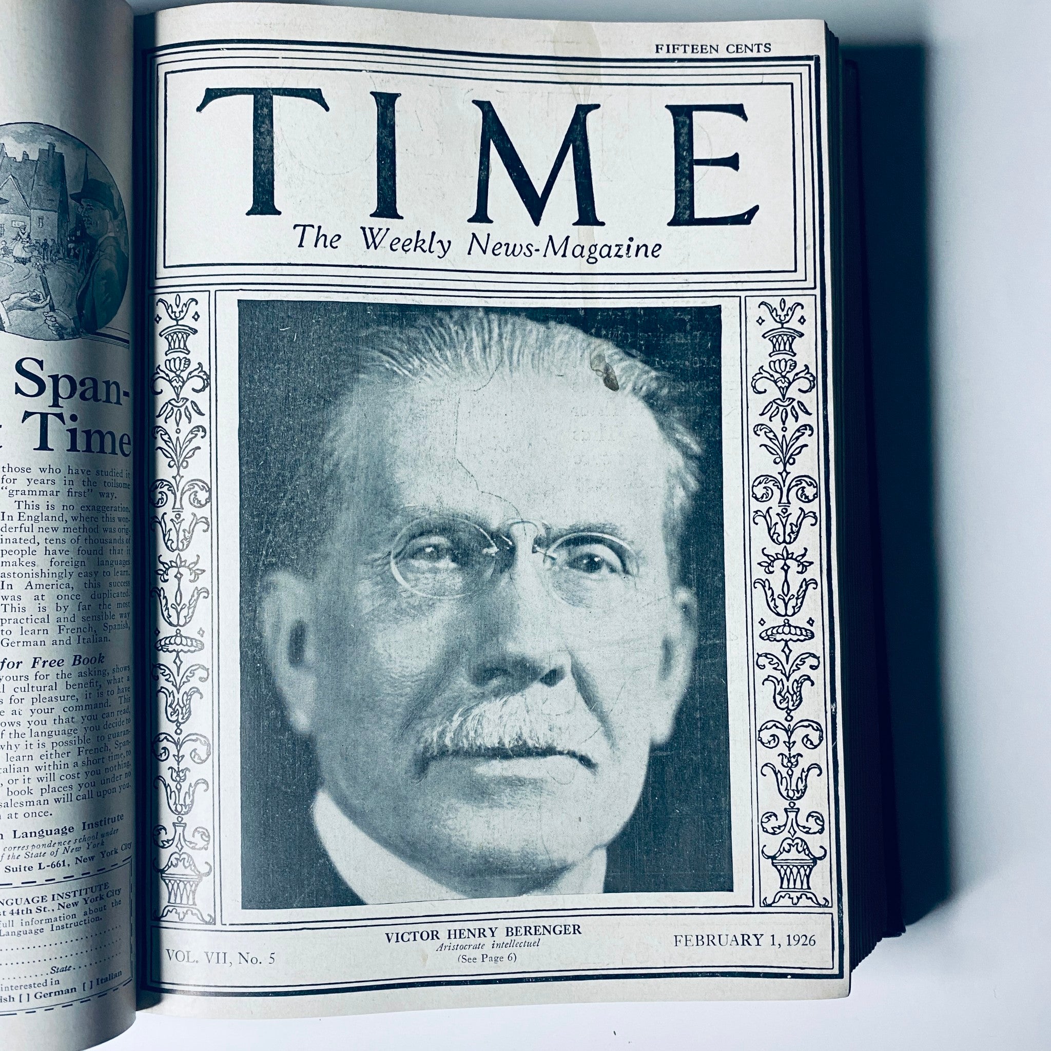 Cover of Time Magazine, February 1, 1926, featuring Victor Henry Berenger. A historical archive highlighting significant figures of the mid-1920s.