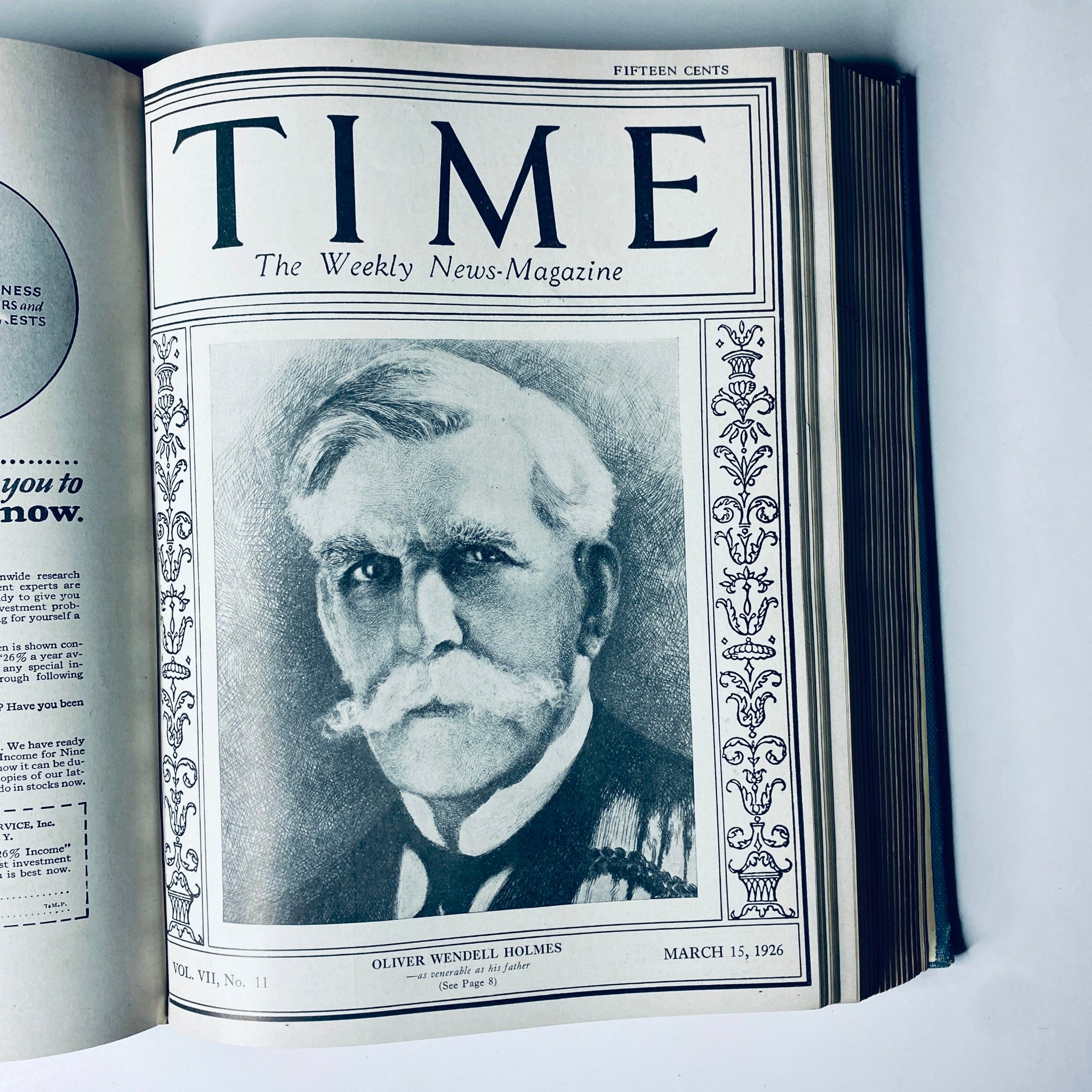 Time Magazine cover featuring Oliver Wendell Holmes, March 15, 1926, from the bound weekly volume for January to June 1926, showcasing significant historical figures.