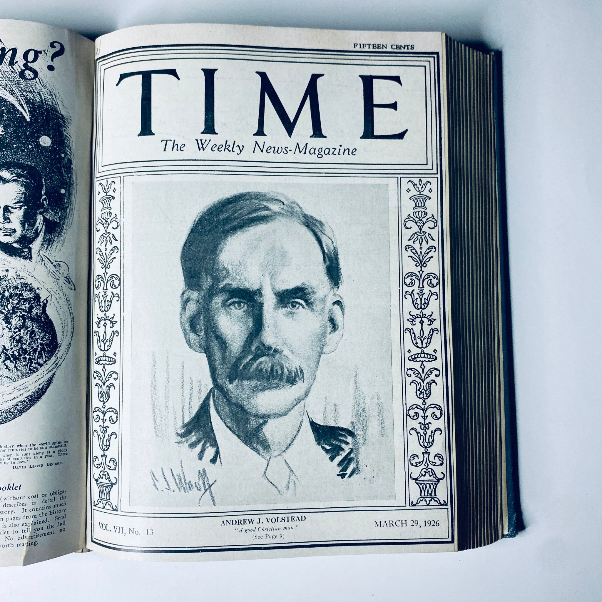 Time Magazine cover featuring Andrew J. Volstead, March 29, 1926, from the bound volume of Time Magazine for January to June 1926, highlighting important individuals of the period.