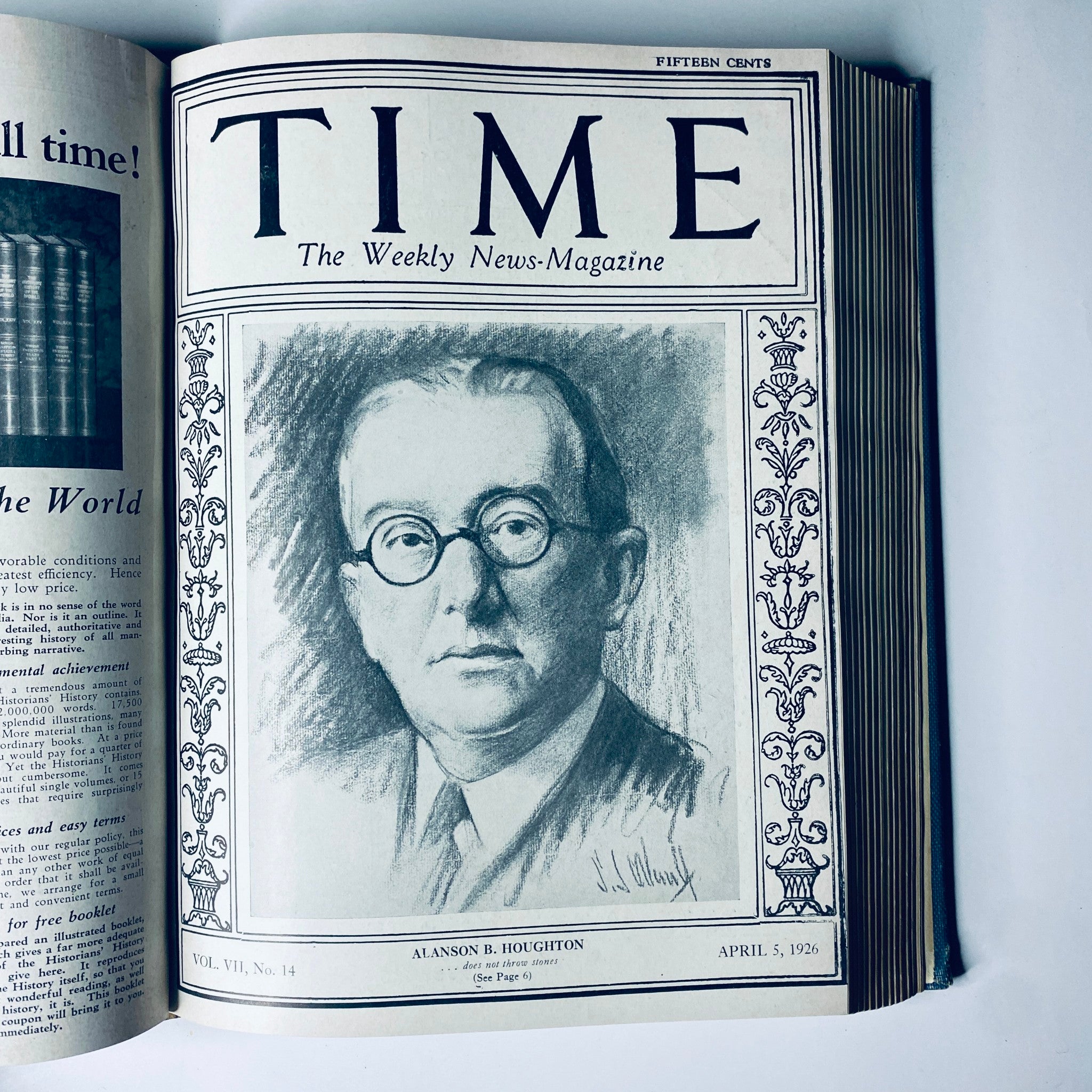 Time Magazine cover featuring Alanson B. Houghton, April 5, 1926, included in the bound weekly collection of Time Magazine from January to June 1926.