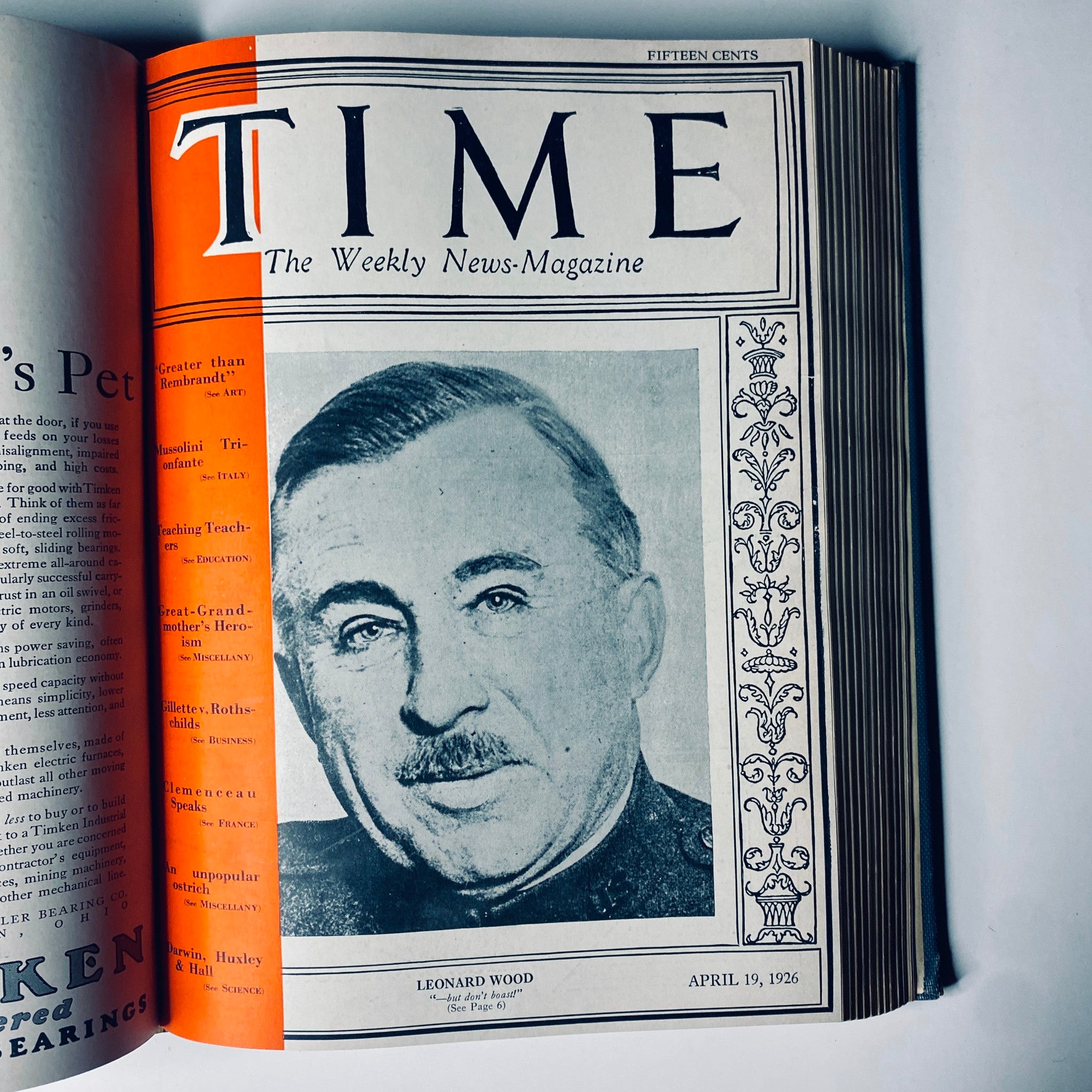 Time Magazine cover featuring Leonard Wood, April 19, 1926, from the Time Magazine Bound Weekly 1926 January - June.