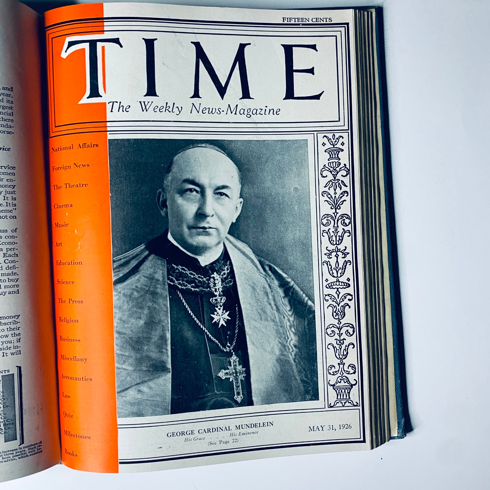 Time Magazine cover featuring George Cardinal Mundelein, May 31, 1926, part of the Time Magazine Bound Weekly January to June 1926 collection.