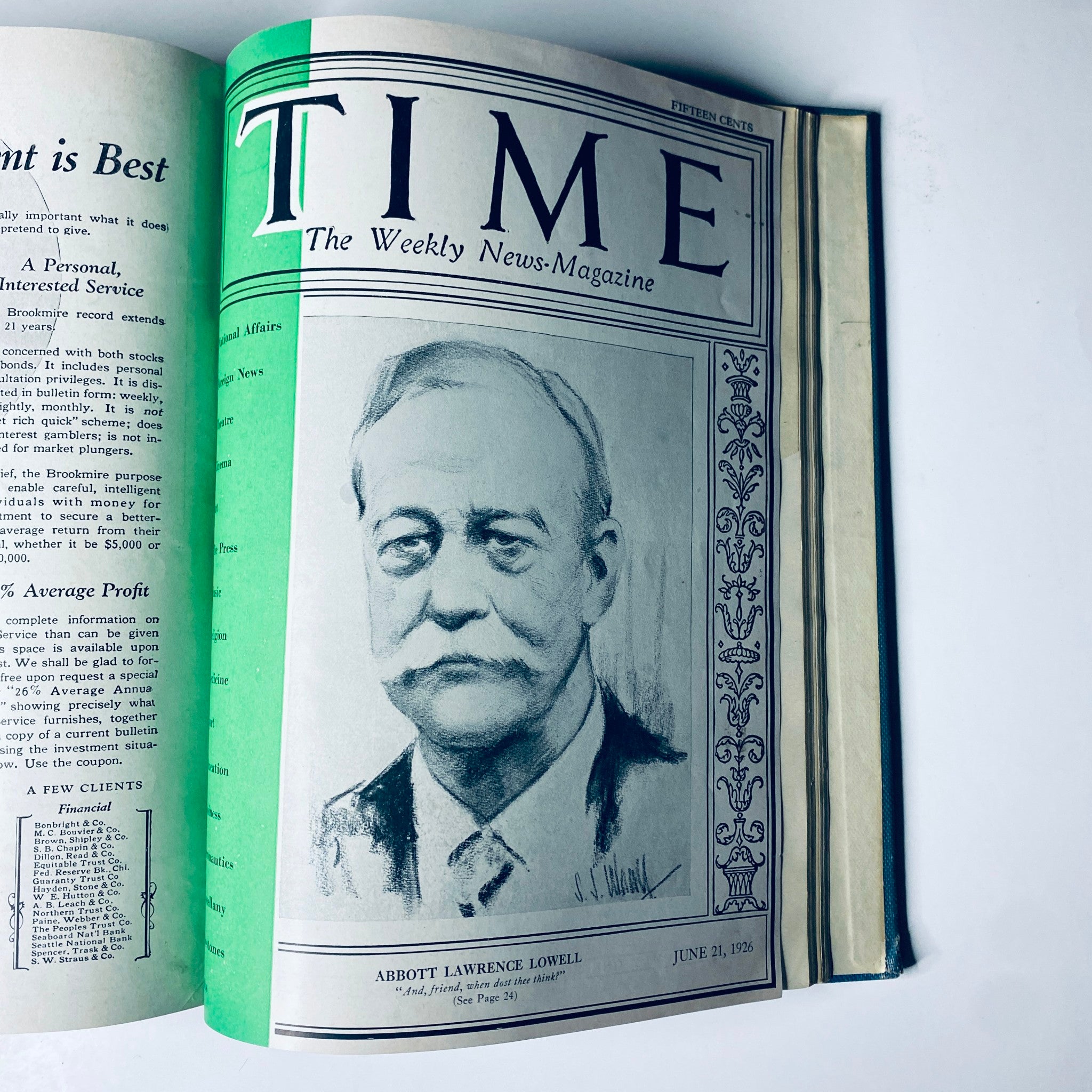 Time Magazine cover featuring Abbott Lawrence Lowell, June 21, 1926, part of the Time Magazine Bound Weekly January to June 1926 collection.