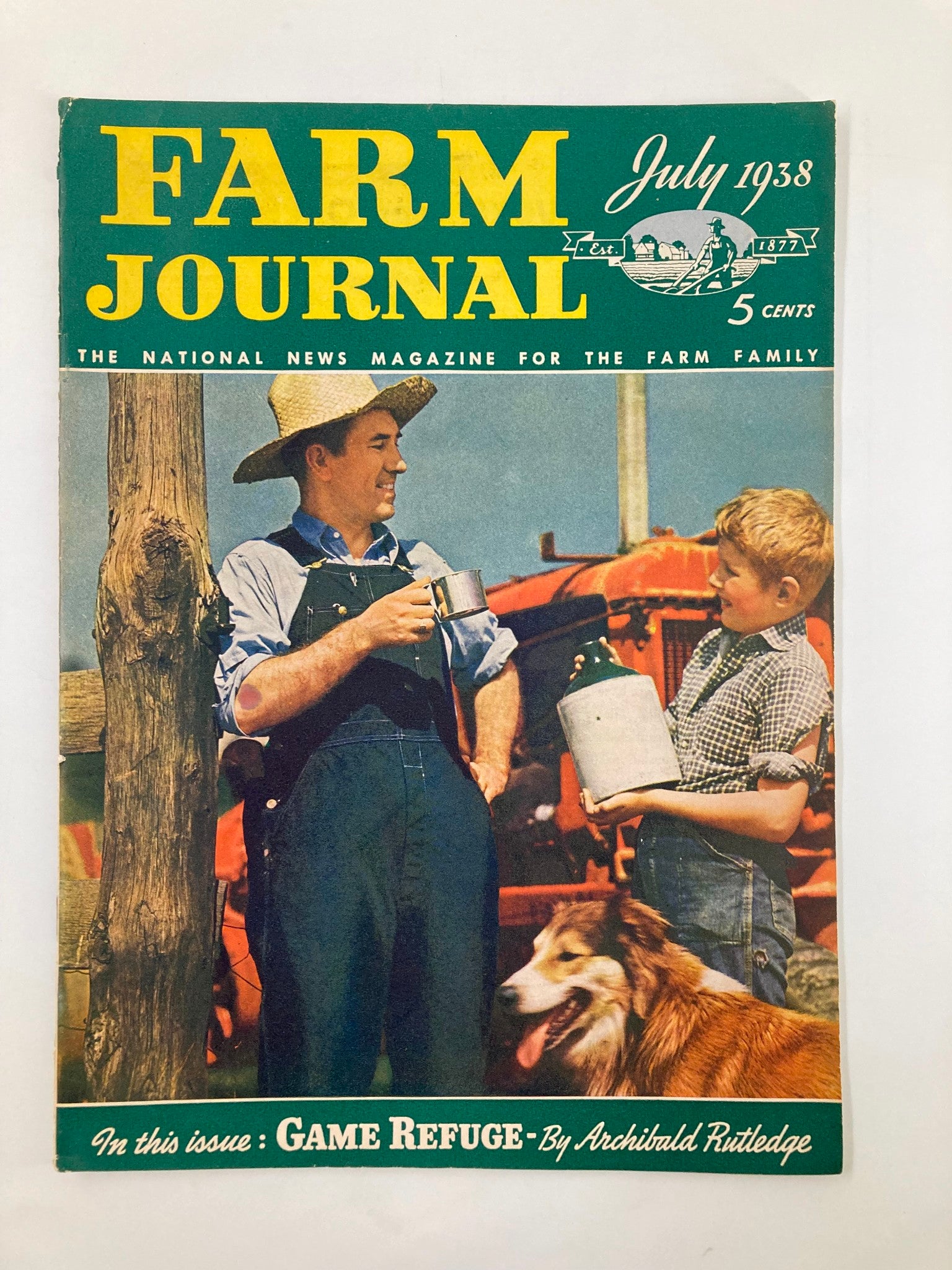 Cover of VTG Farm Journal Magazine July 1938 featuring the article Game Refuge by Archibald Rutledge, showcasing a farmer and a boy with a dog, embodying rural life.