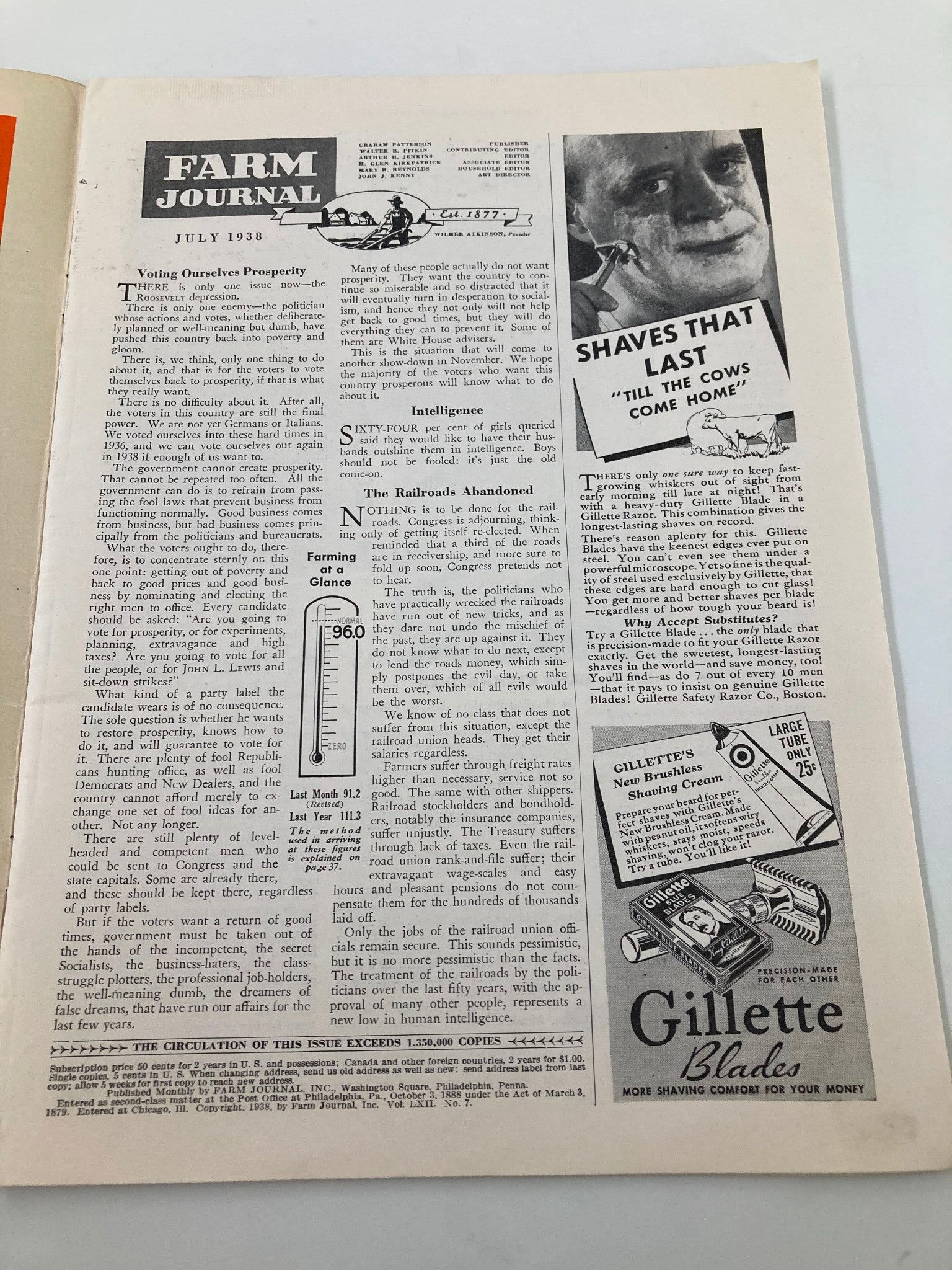 Interior page of VTG Farm Journal Magazine July 1938, showcasing articles and advertisements, reflecting on agricultural topics and rural issues of the era.