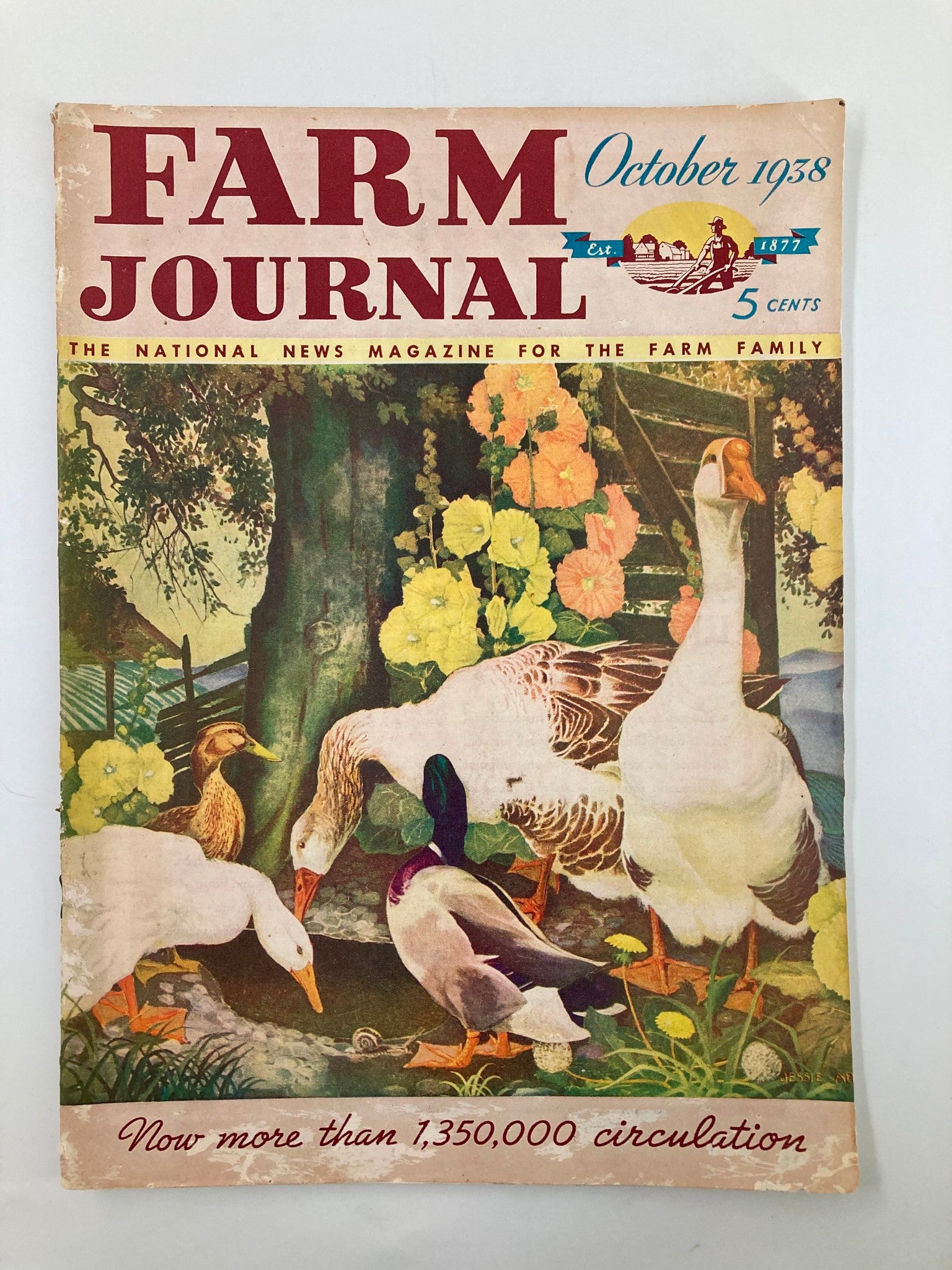Vintage Farm Journal Magazine cover from October 1938 titled 'Agriculture Was To Be Made Prosperous,' featuring colorful illustrations of various ducks and geese amidst flowers, representing the agricultural themes of the era.