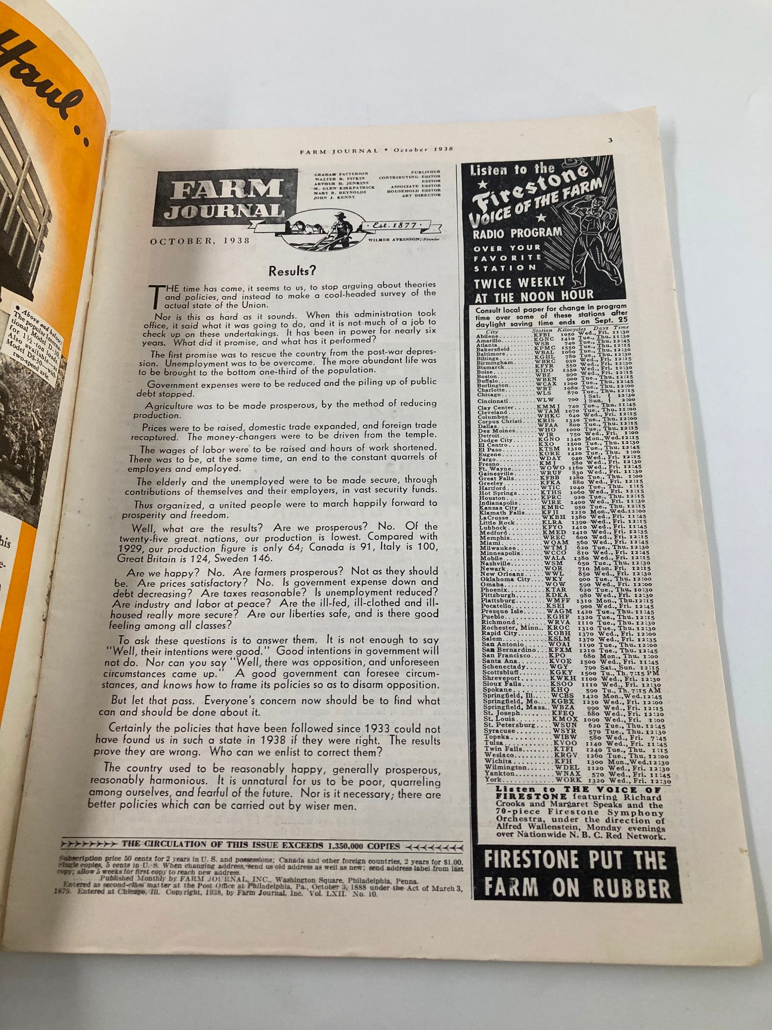 Interior page of the VTG Farm Journal Magazine from October 1938, featuring an article discussing agricultural prosperity in a historical context.