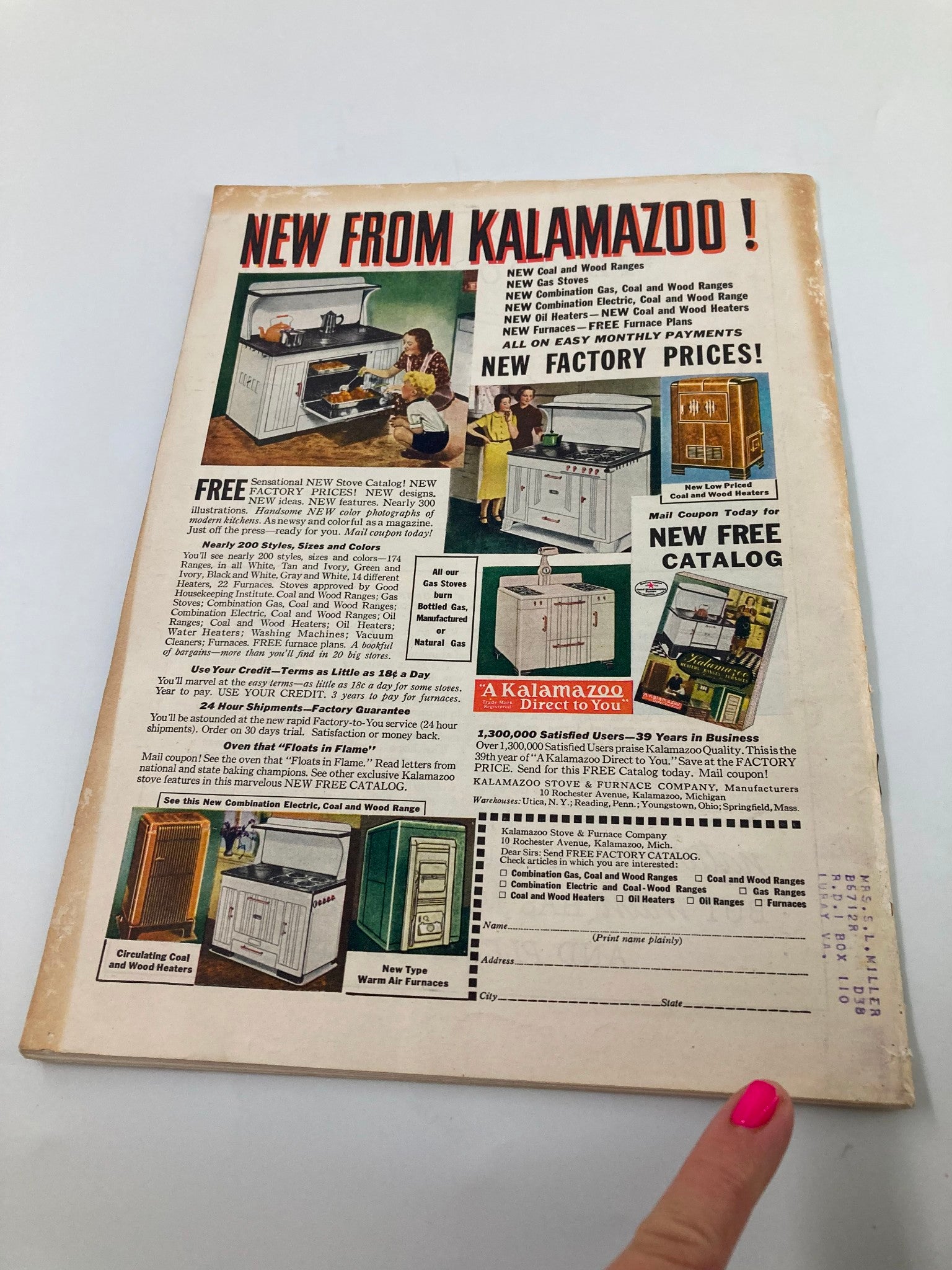 Back cover of the VTG Farm Journal Magazine from October 1938, showcasing vintage advertisements for kitchen appliances from Kalamazoo.
