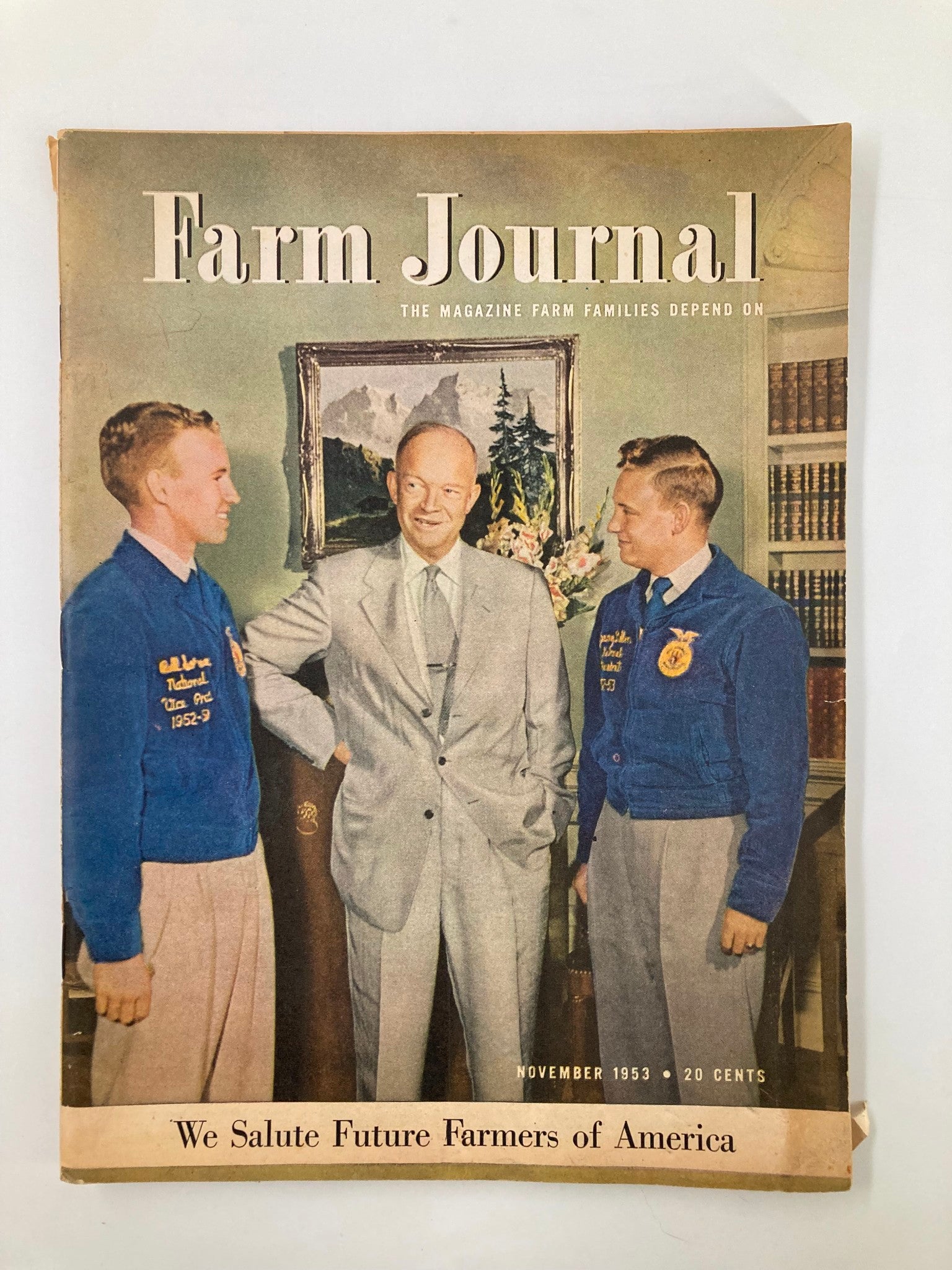 Cover of the VTG Farm Journal Magazine from November 1953, featuring Bill Sorem and Jimmy Dillon in formal attire, with the tagline 'We Salute Future Farmers of America'. This collectible issue highlights mid-20th century agricultural themes and is a valuable piece for vintage magazine enthusiasts.