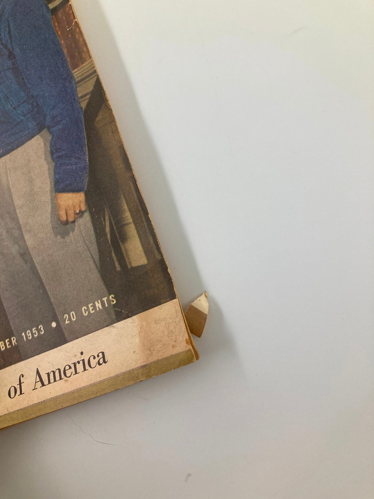 Close-up of the vintage Farm Journal Magazine from November 1953 featuring Bill Sorem and Jimmy Dillon, showcasing the magazine's weathered edge and historical significance.