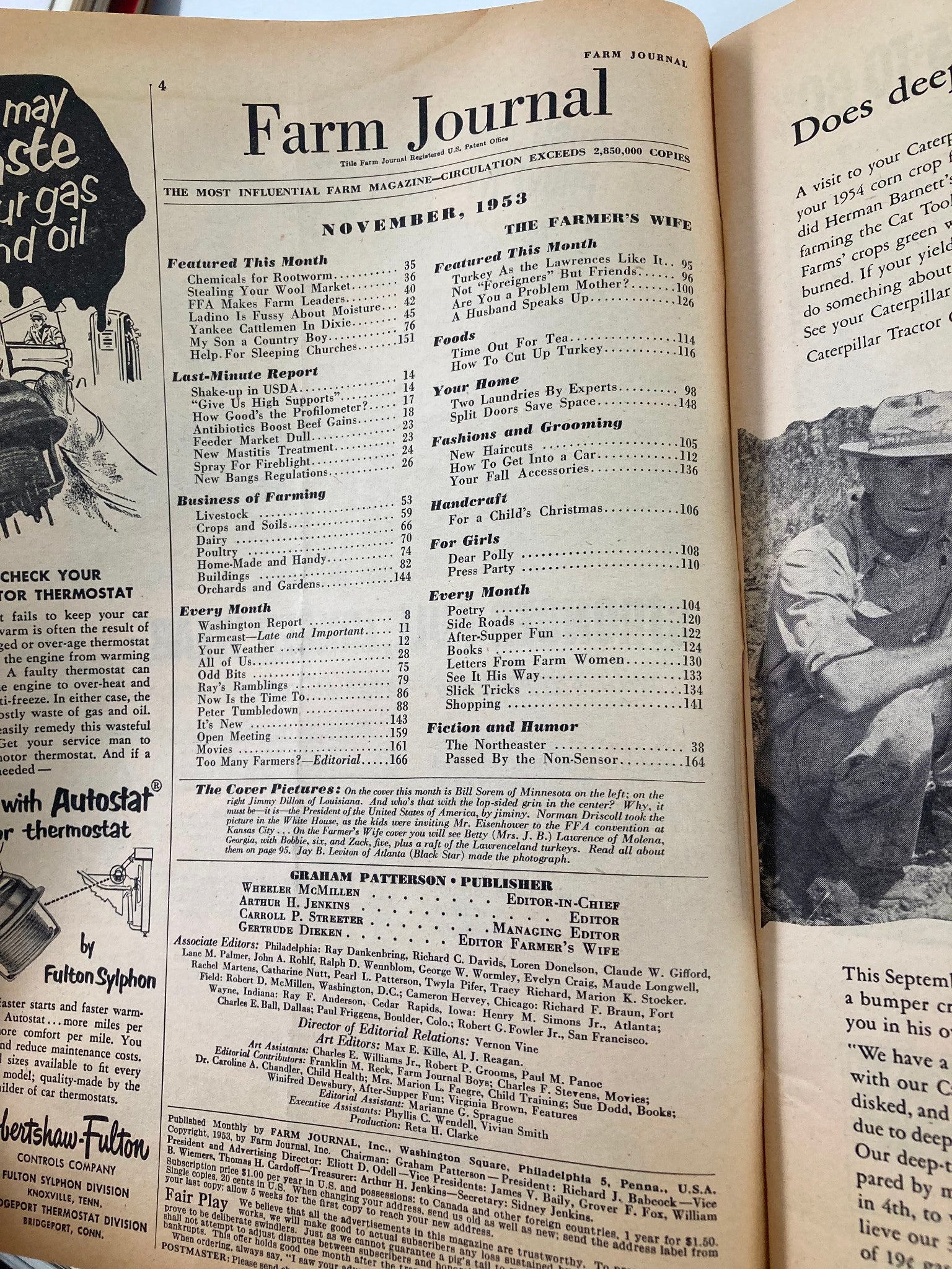 The interior page of the vintage Farm Journal Magazine from November 1953, displaying the table of contents alongside featured articles, highlighting its agricultural themes and nostalgia.
