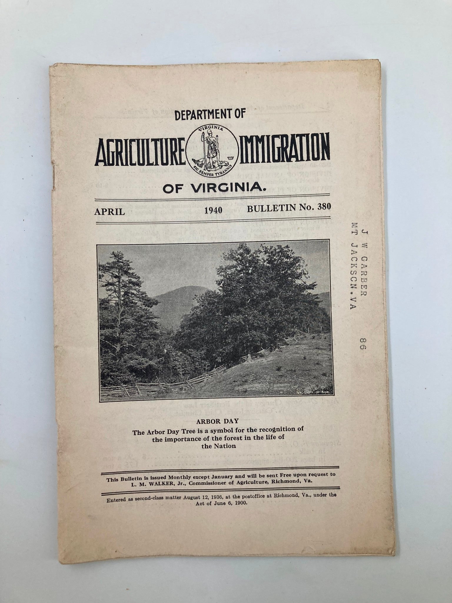 VTG Department of Agriculture Immigration of Virginia April 1940 Bulletin No. 69 cover featuring historical content and an image promoting Arbor Day, showcasing vintage publishing and agricultural history.