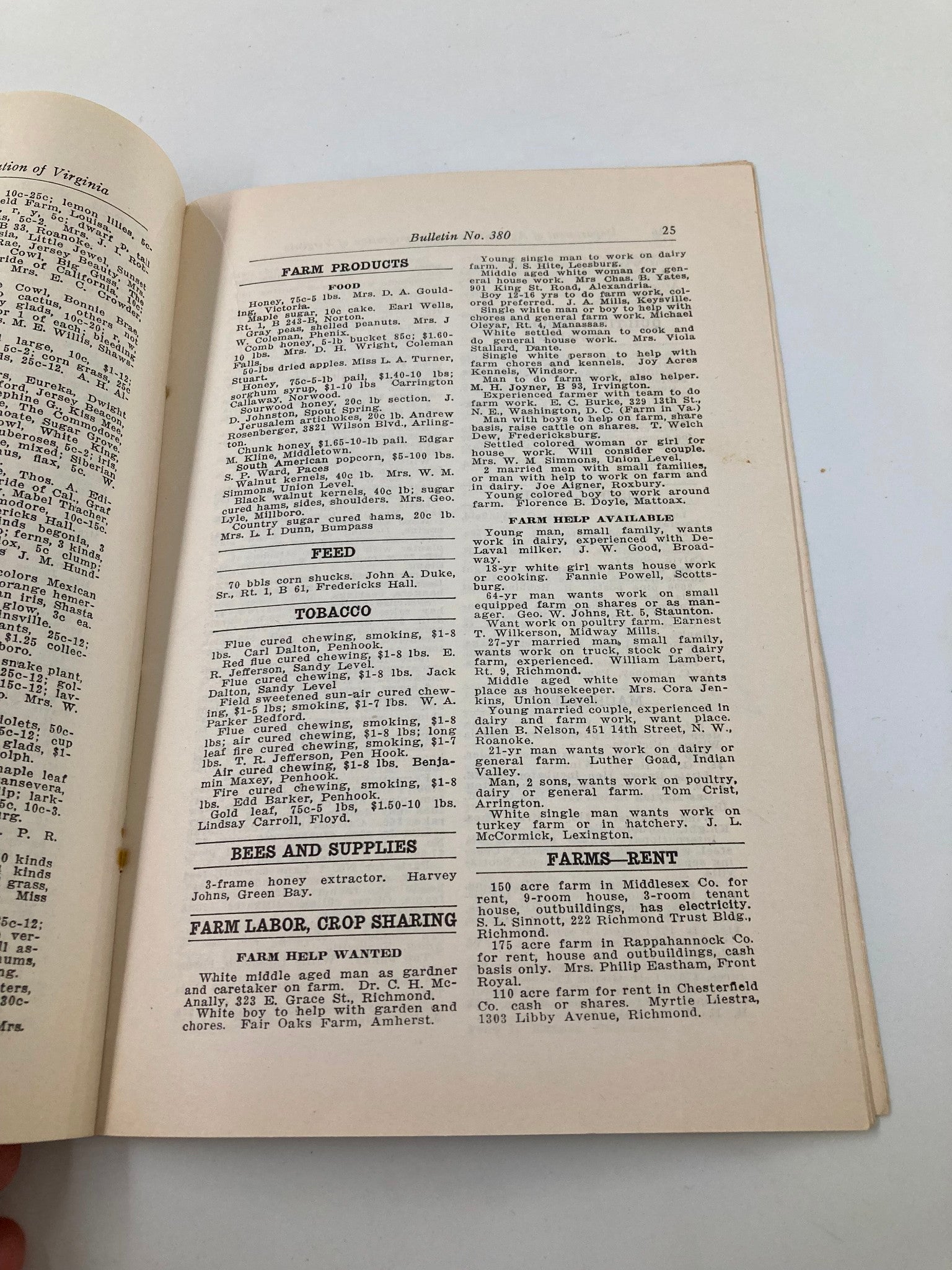VTG Department of Agriculture Immigration of Virginia Bulletin No. 69 outlining farm products and labor opportunities in Virginia.