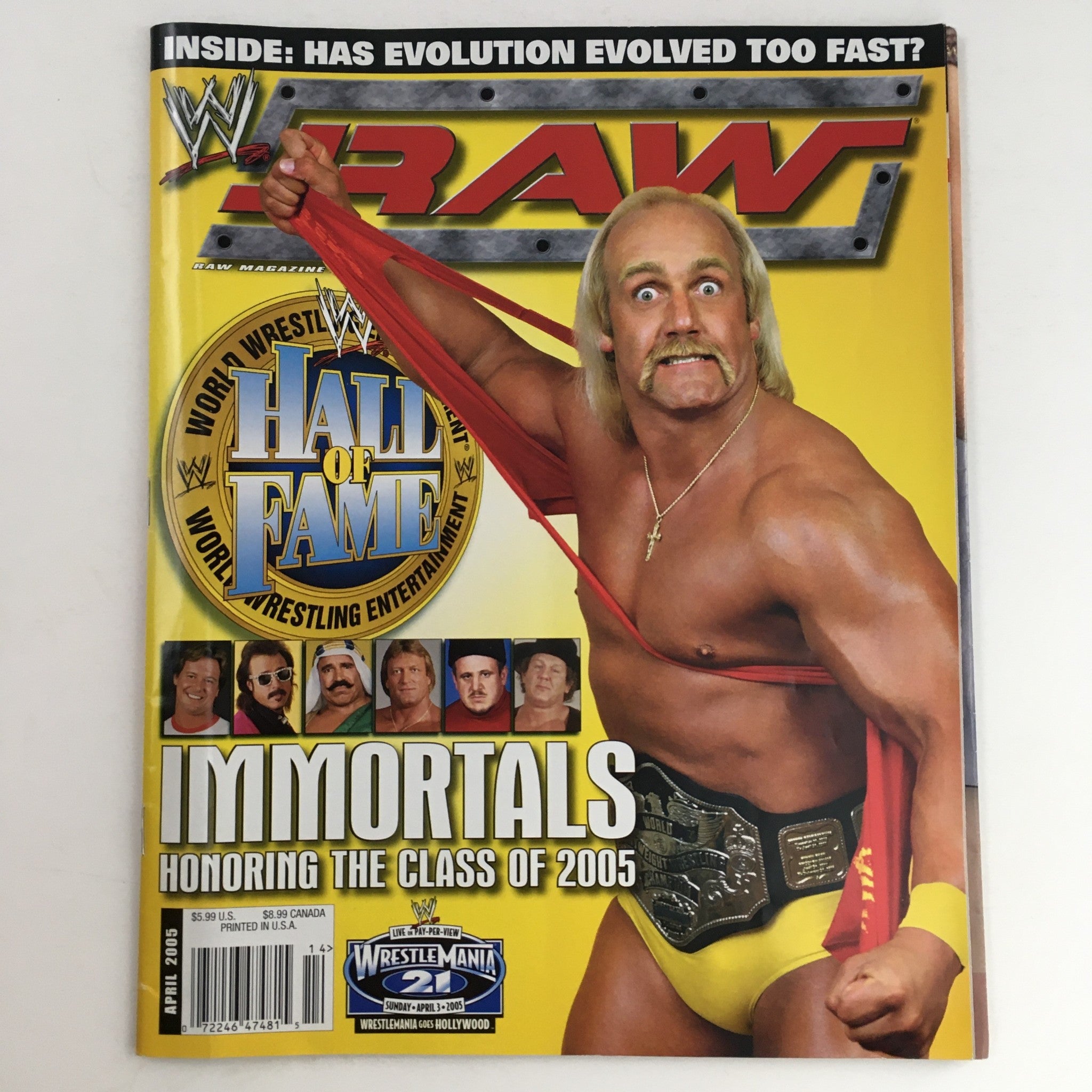 WWE Raw Magazine April 2005 featuring Hulk Hogan on the cover, showcasing his iconic wrestling pose and highlighting the Hall of Fame honors for the class of 2005.
