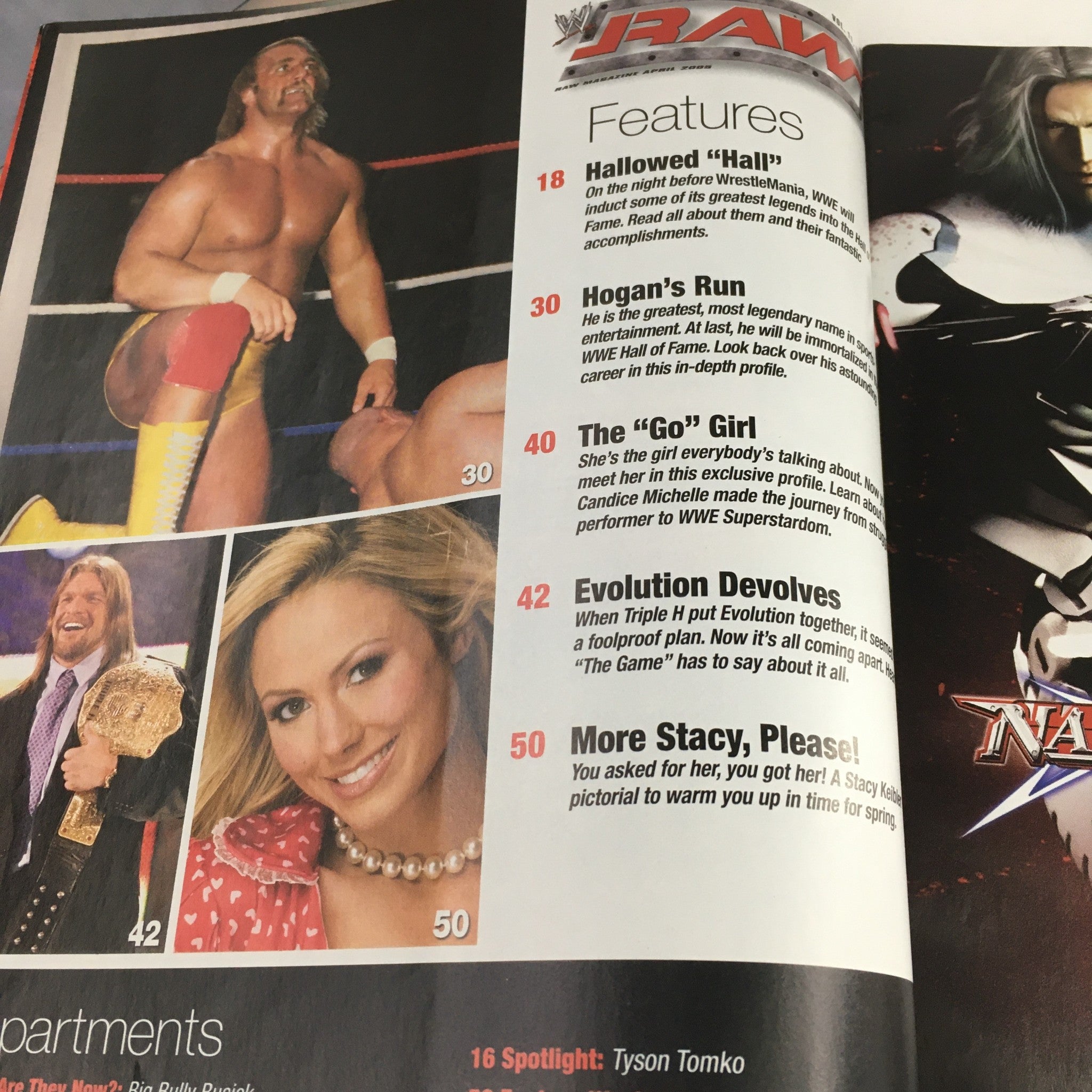 WWE Raw Magazine April 2005 featuring Hulk Hogan and Triple H in the ring, showcasing key moments from wrestling history.