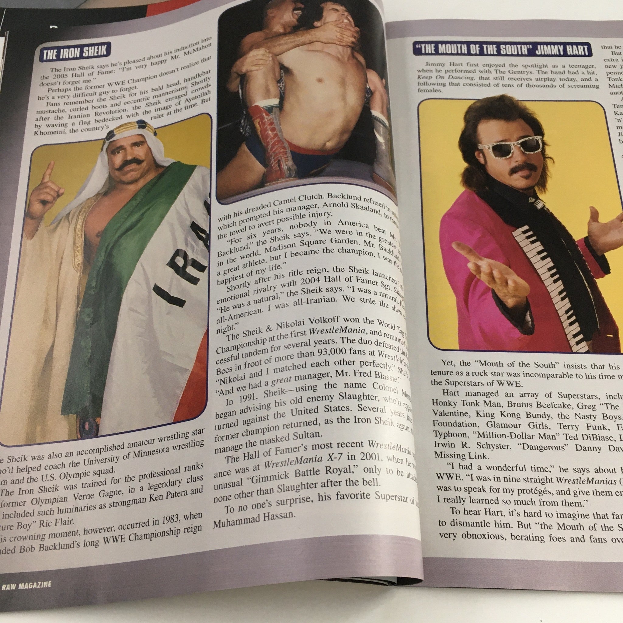 WWE Raw Magazine April 2005 featuring The Iron Sheik and Jimmy Hart, highlighting iconic wrestling personalities and their contributions.