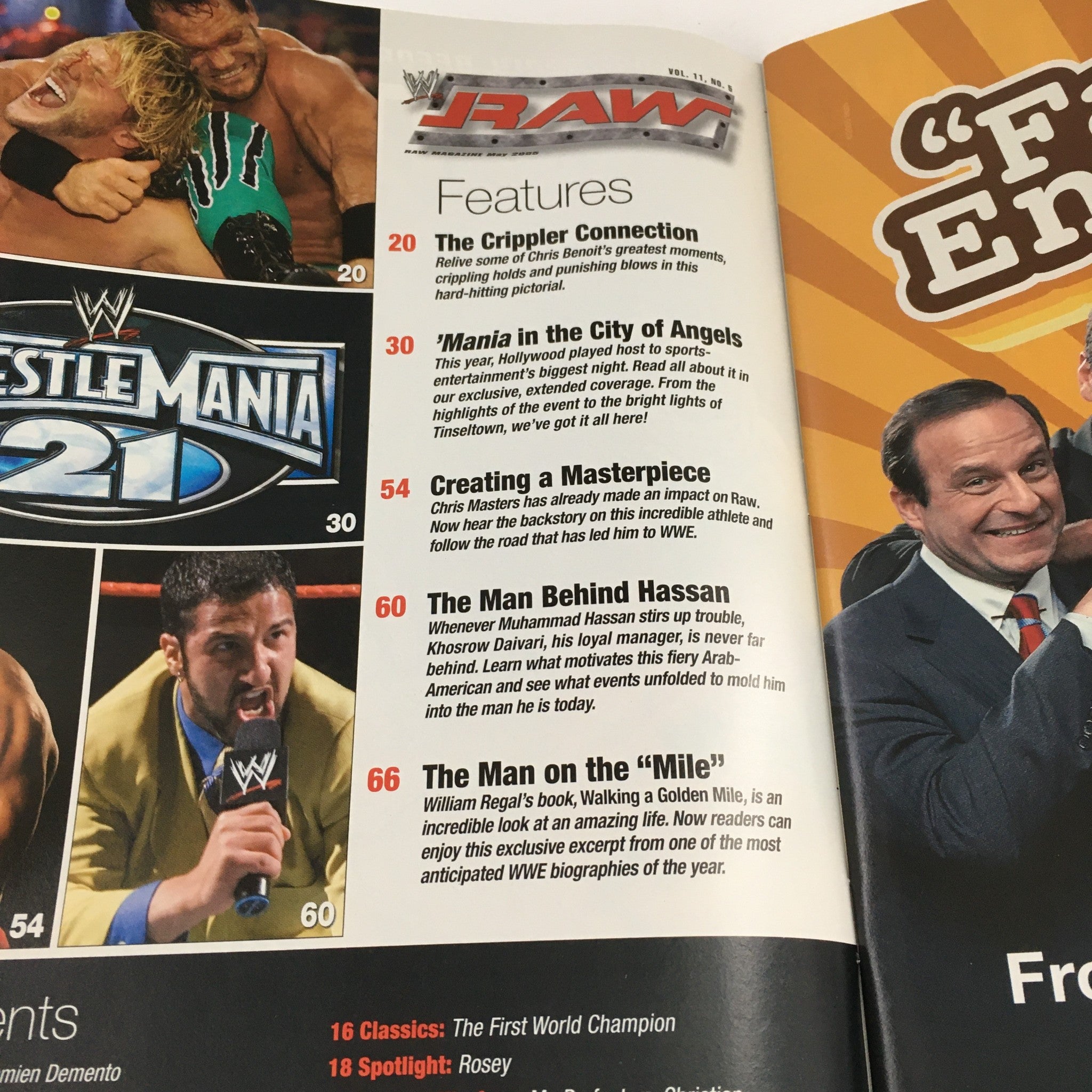WWE Raw Magazine May 2005 featuring a section with listed articles and features, including 'The Crippler Connection' and 'Mania in the City of Angels'.