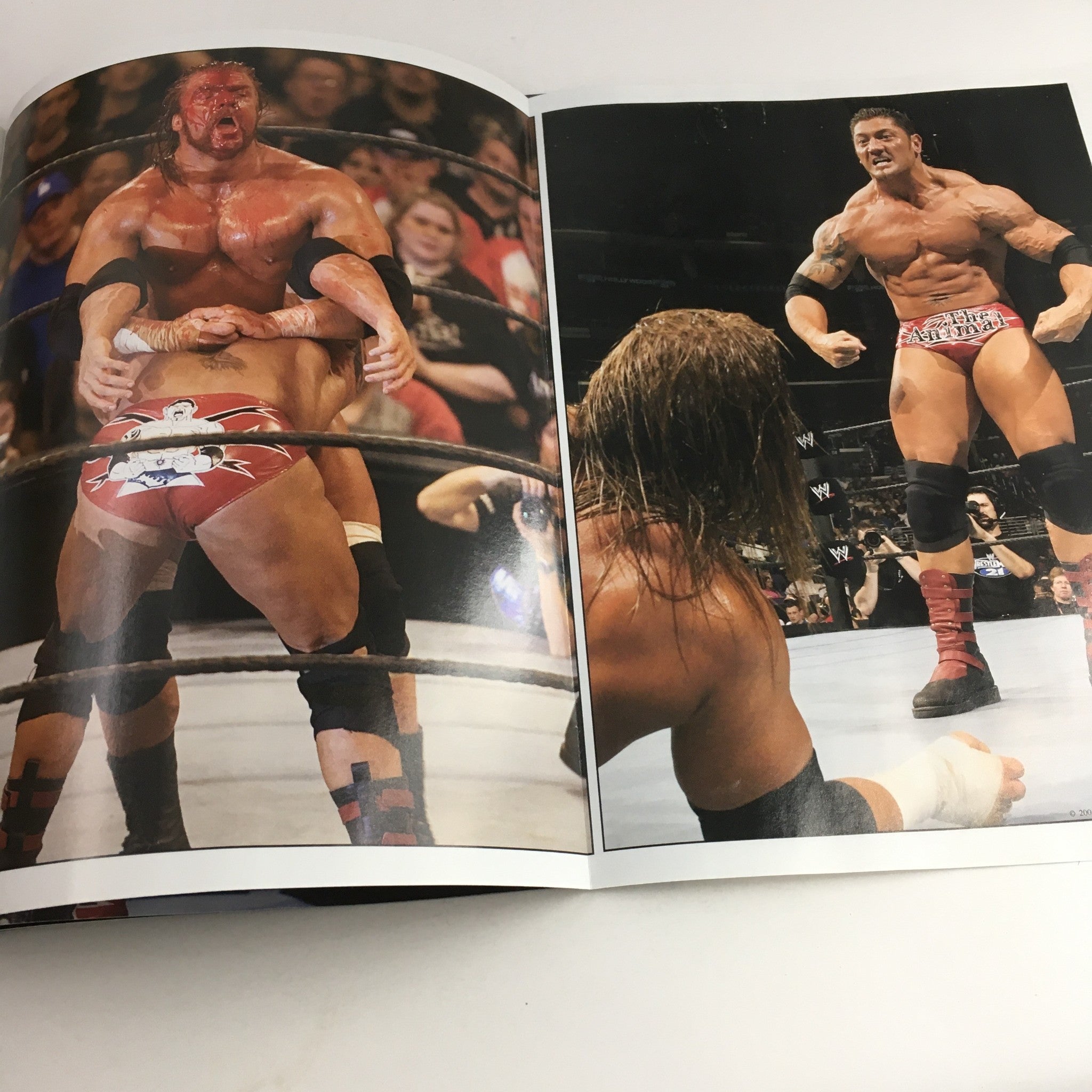 WWE Raw Magazine May 2005 featuring intense wrestling action between Triple H and Batista, highlighting a dramatic moment from a match.