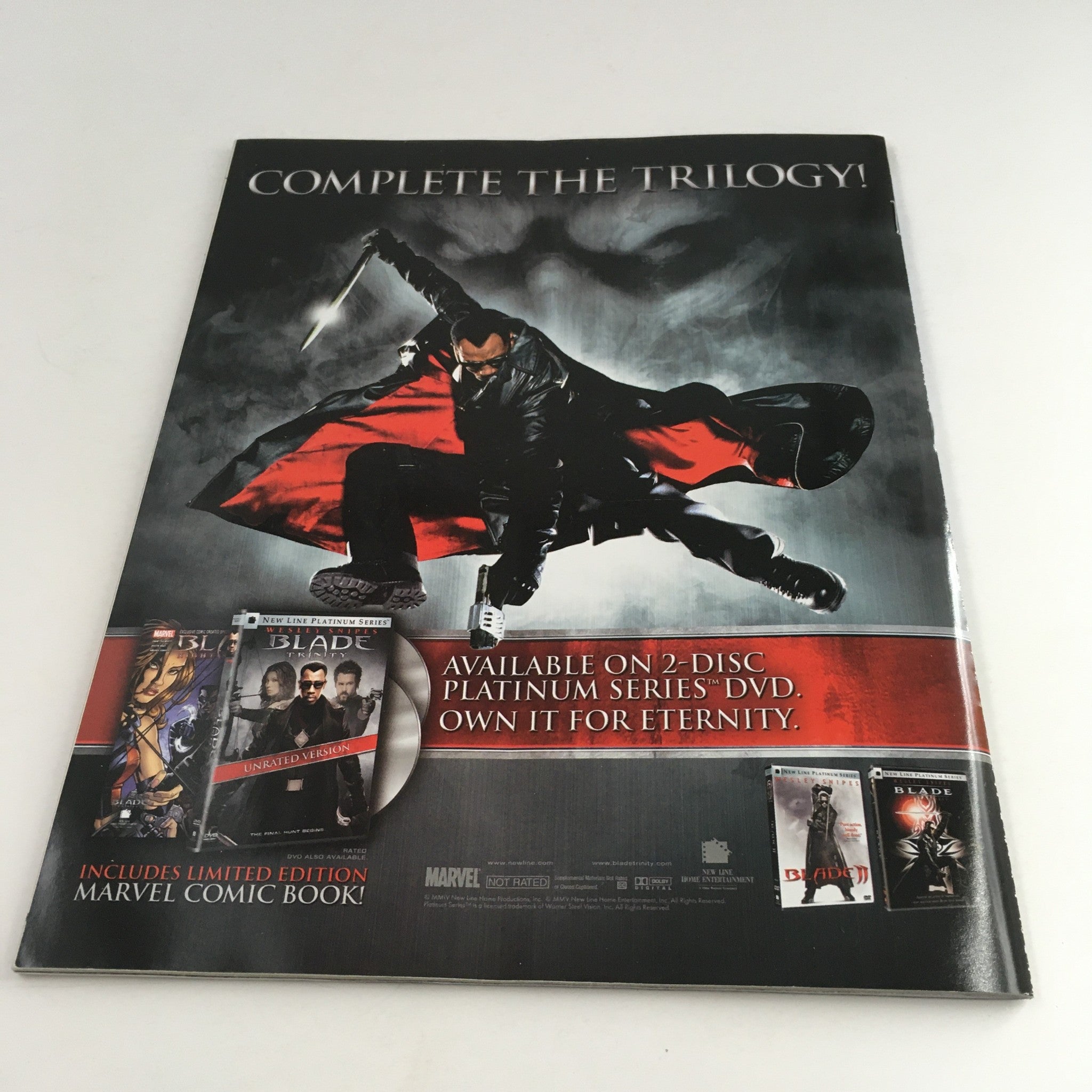 Back cover of the WWE Raw Magazine May 2005 displaying an advertisement for the 'Blade' DVD trilogy, including associated Marvel comic book.