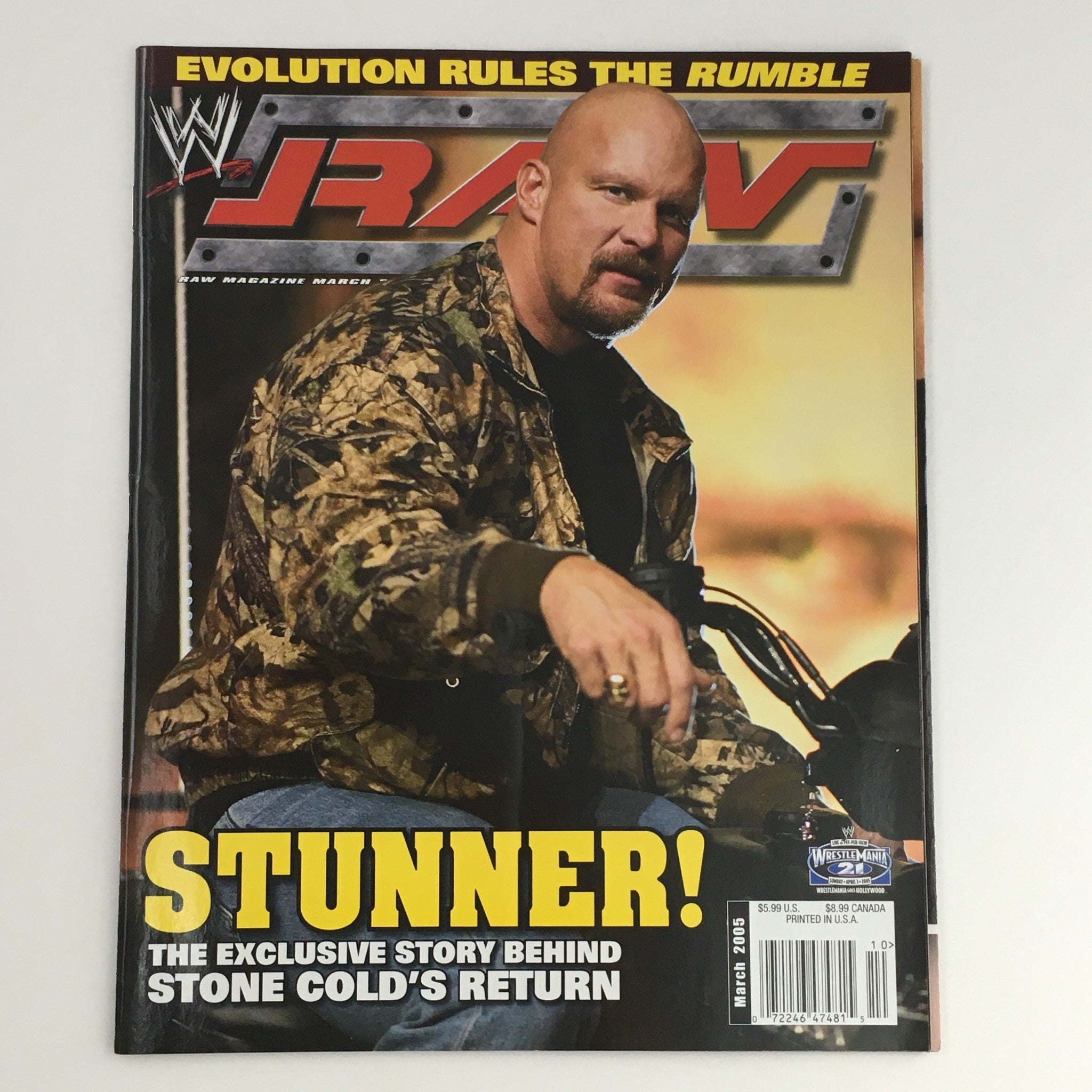 WWE Raw Magazine March 2005 featuring Stone Cold Steve Austin on the cover, showcasing wrestling memorabilia and vintage magazine appeal.