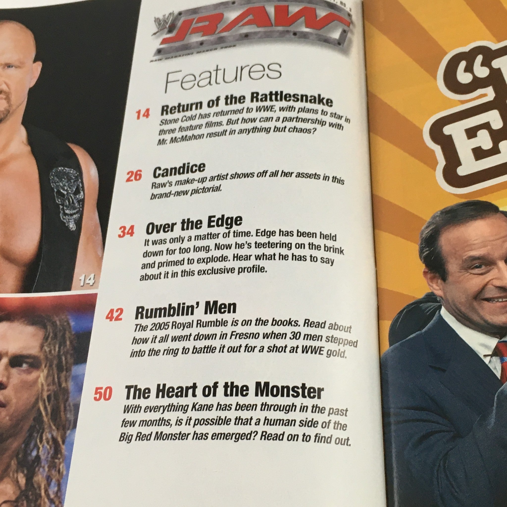 WWE Raw Magazine March 2005 interior page highlighting features and articles, including 'Return of the Rattlesnake' and other wrestling insights.