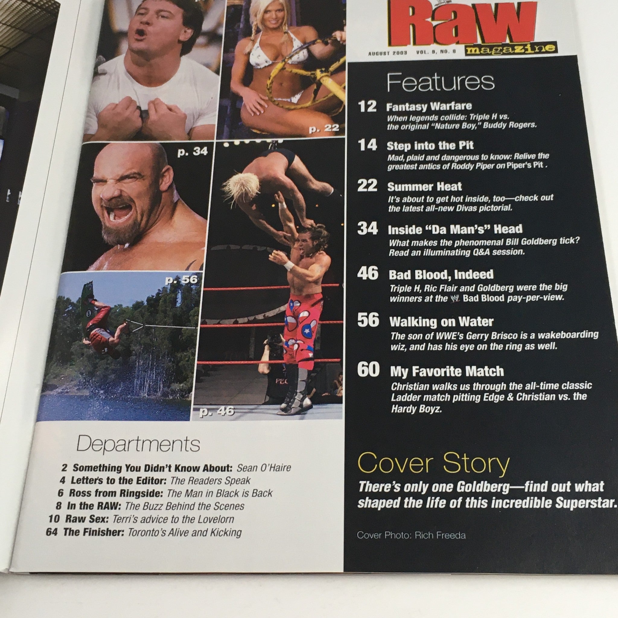 Interior page of WWE Raw Magazine August 2003 showcasing features and articles, including a cover story about Bill Goldberg, along with wrestling highlights and page numbers.