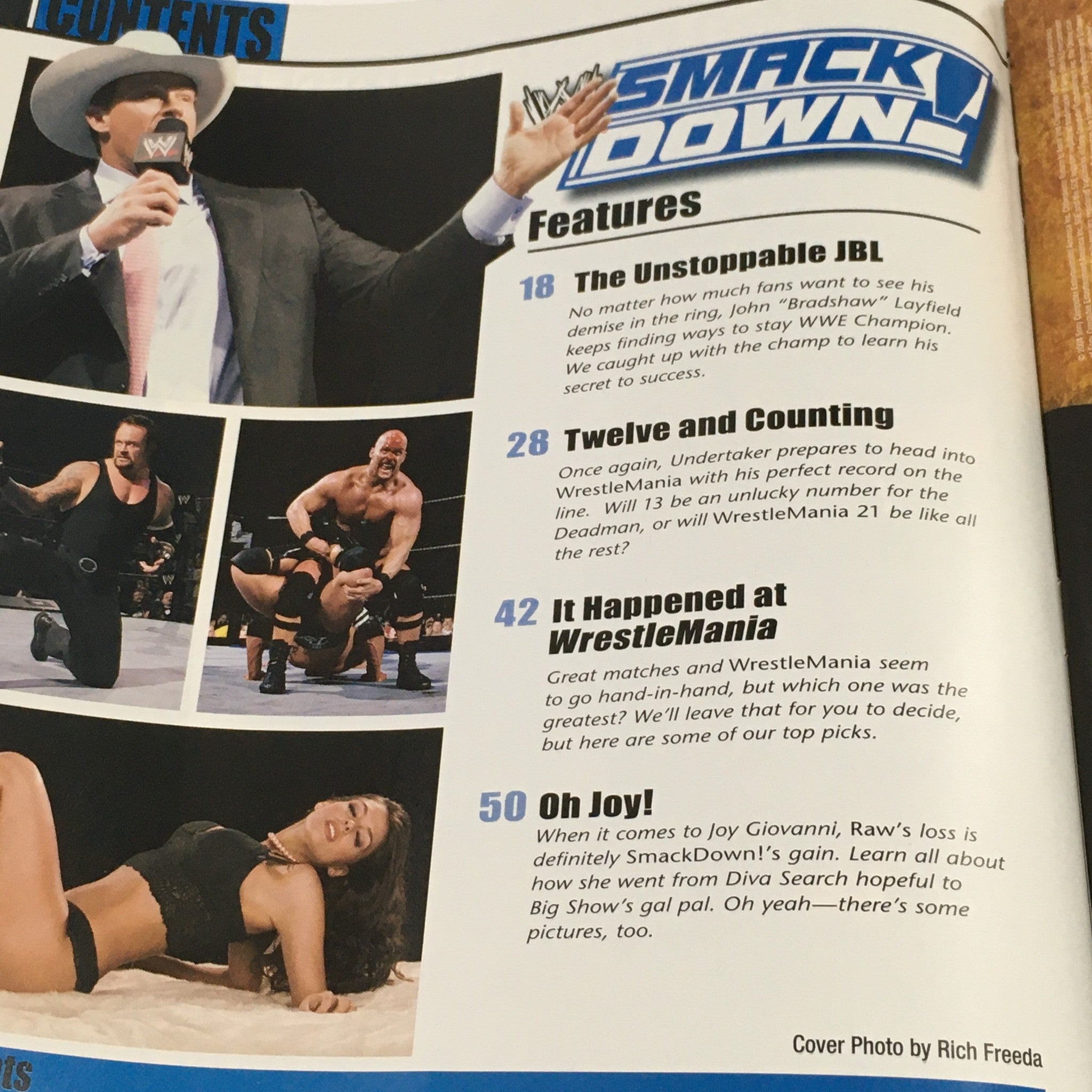 Inside contents page of WWE Raw Magazine March 2005, featuring The Undertaker and Joy Giovanni, with an overview of the magazine's articles and highlights from WrestleMania.