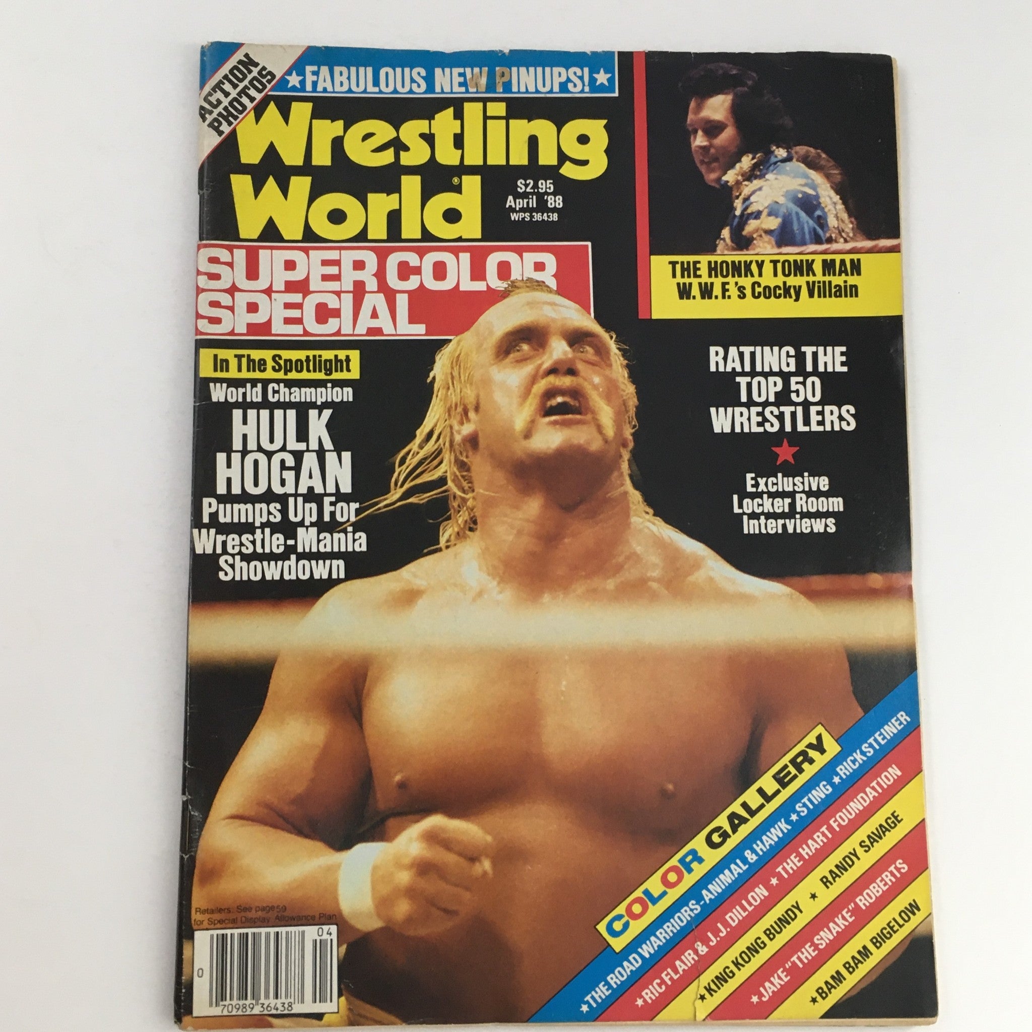 Wrestling World Magazine April 1988 featuring Hulk Hogan and Honky Tonk Man on the cover, highlighting wrestling themes and showcasing iconic wrestlers.