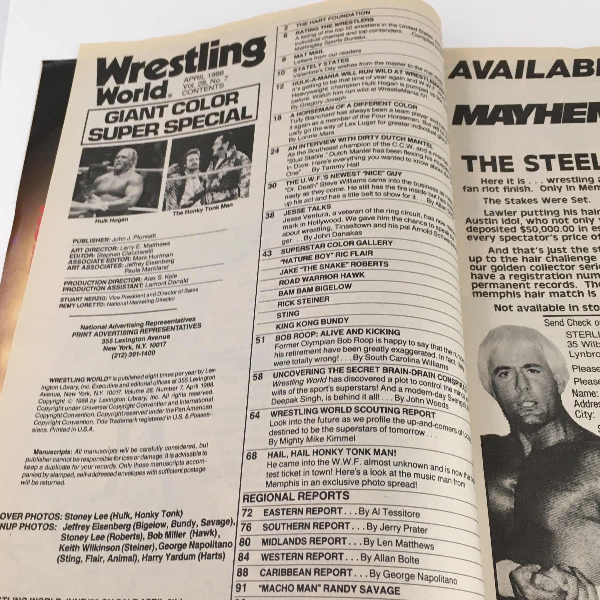 Interior page of Wrestling World Magazine April 1988 featuring Hulk Hogan and Honky Tonk Man with contents listing.