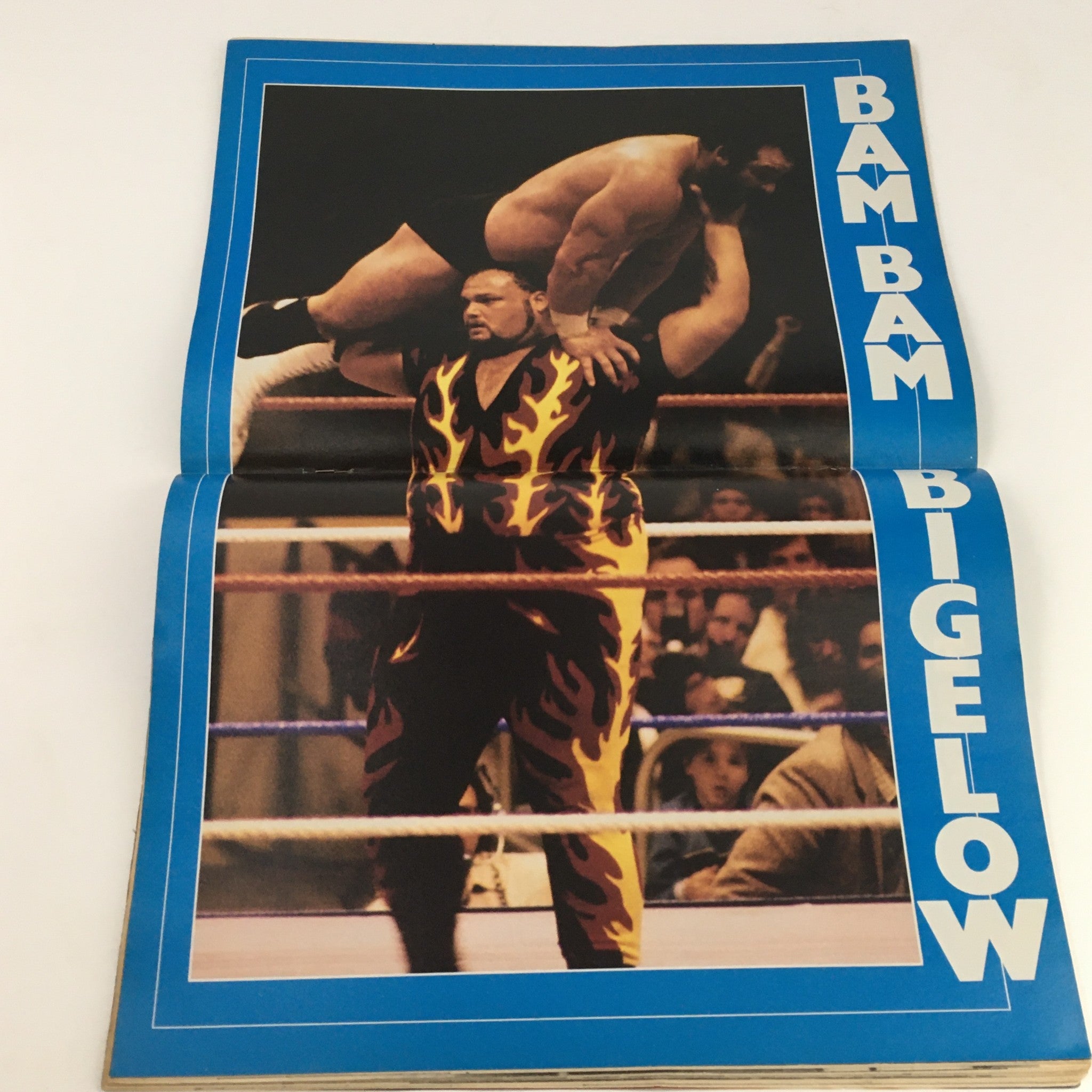 Poster of Bam Bam Bigelow from Wrestling World Magazine April 1988 showcasing the wrestling star in action.