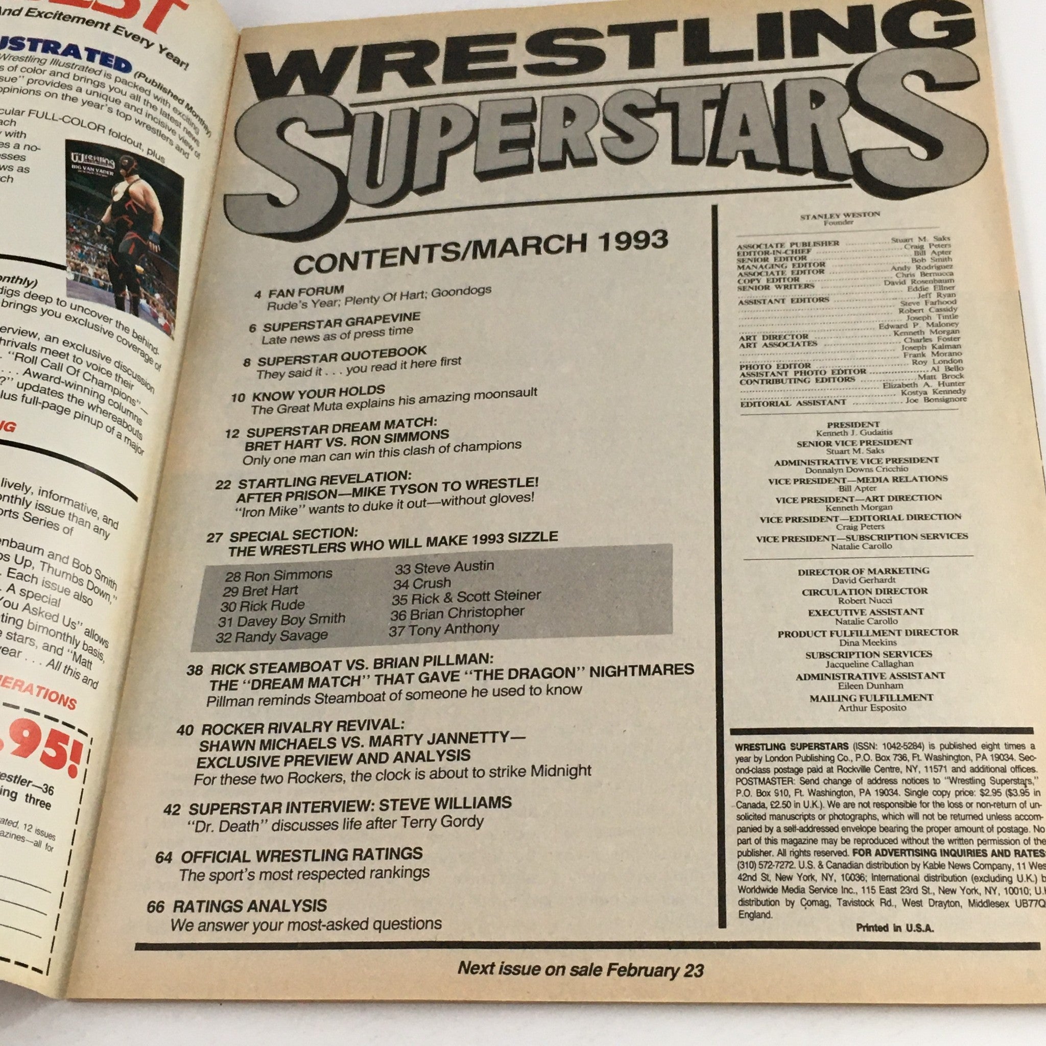 Wrestling Superstars Magazine March 1993 Bret Hart vs Ron Simmons, No Label