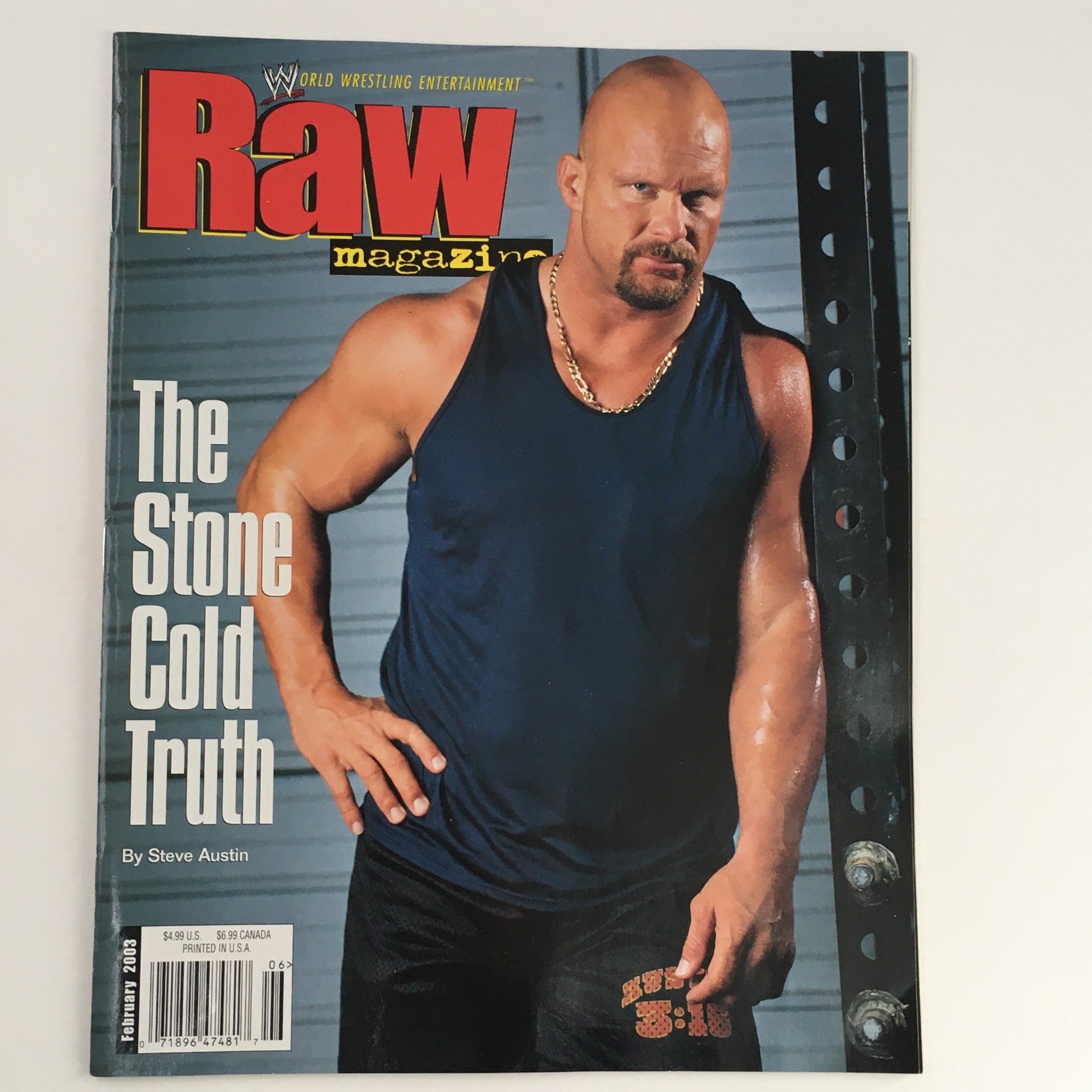 Cover of WWE Raw Magazine February 2003 titled 'The Stone Cold Truth' by Steve Austin, featuring a muscular Stone Cold Steve Austin in a sleeveless shirt.