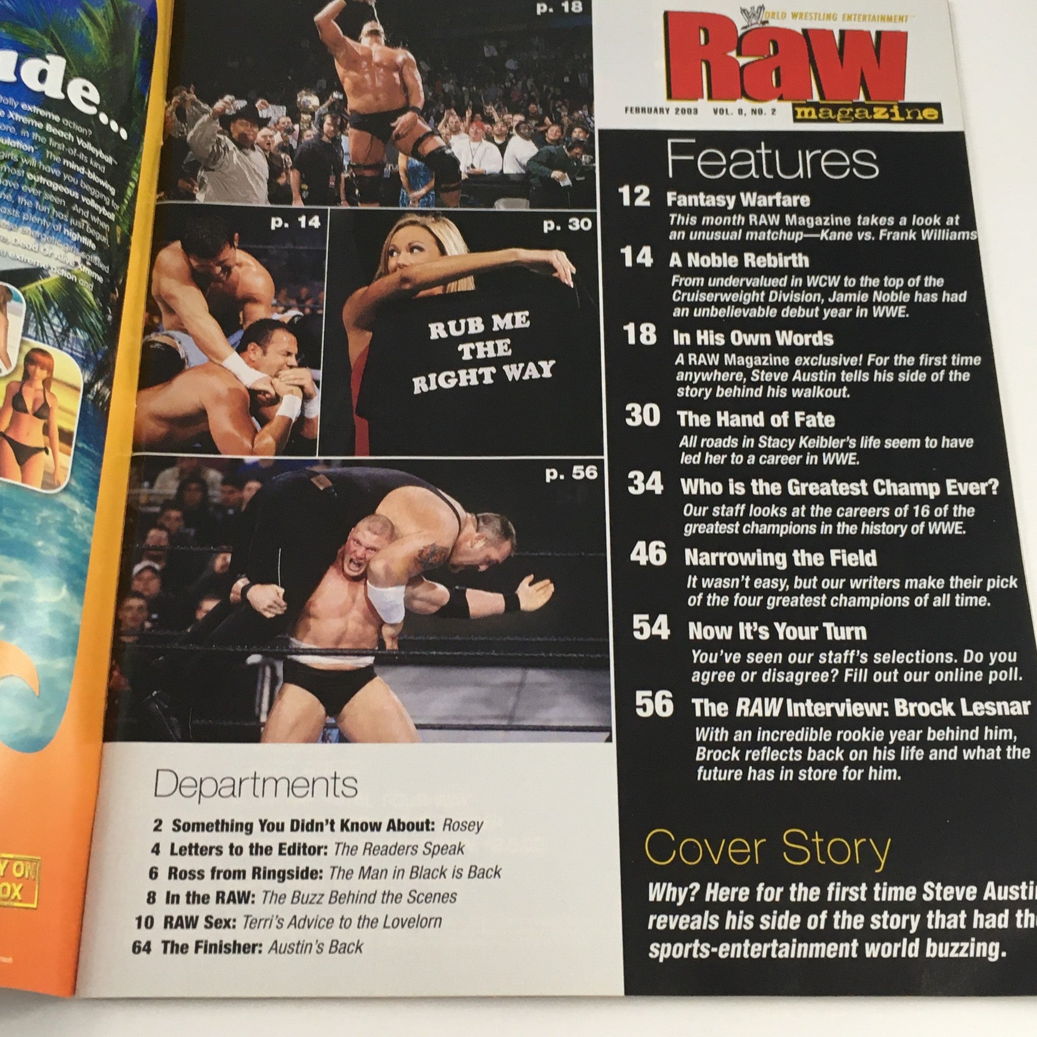 Inside cover of WWE Raw Magazine February 2003 titled 'The Stone Cold Truth' featuring wrestling action shots and magazine features on notable matches.