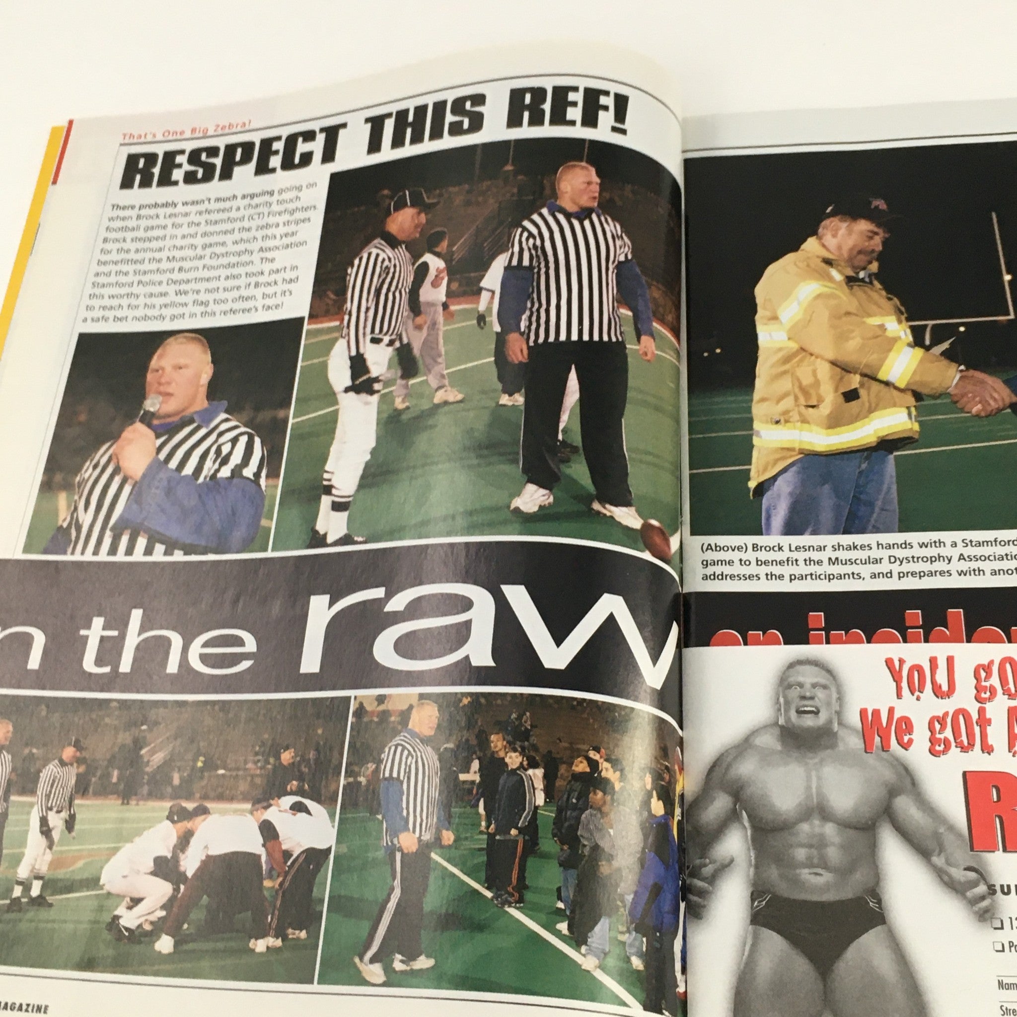 Page from WWE Raw Magazine February 2003 titled 'The Stone Cold Truth' showing referees in action during a wrestling event and a feature on Brock Lesnar.
