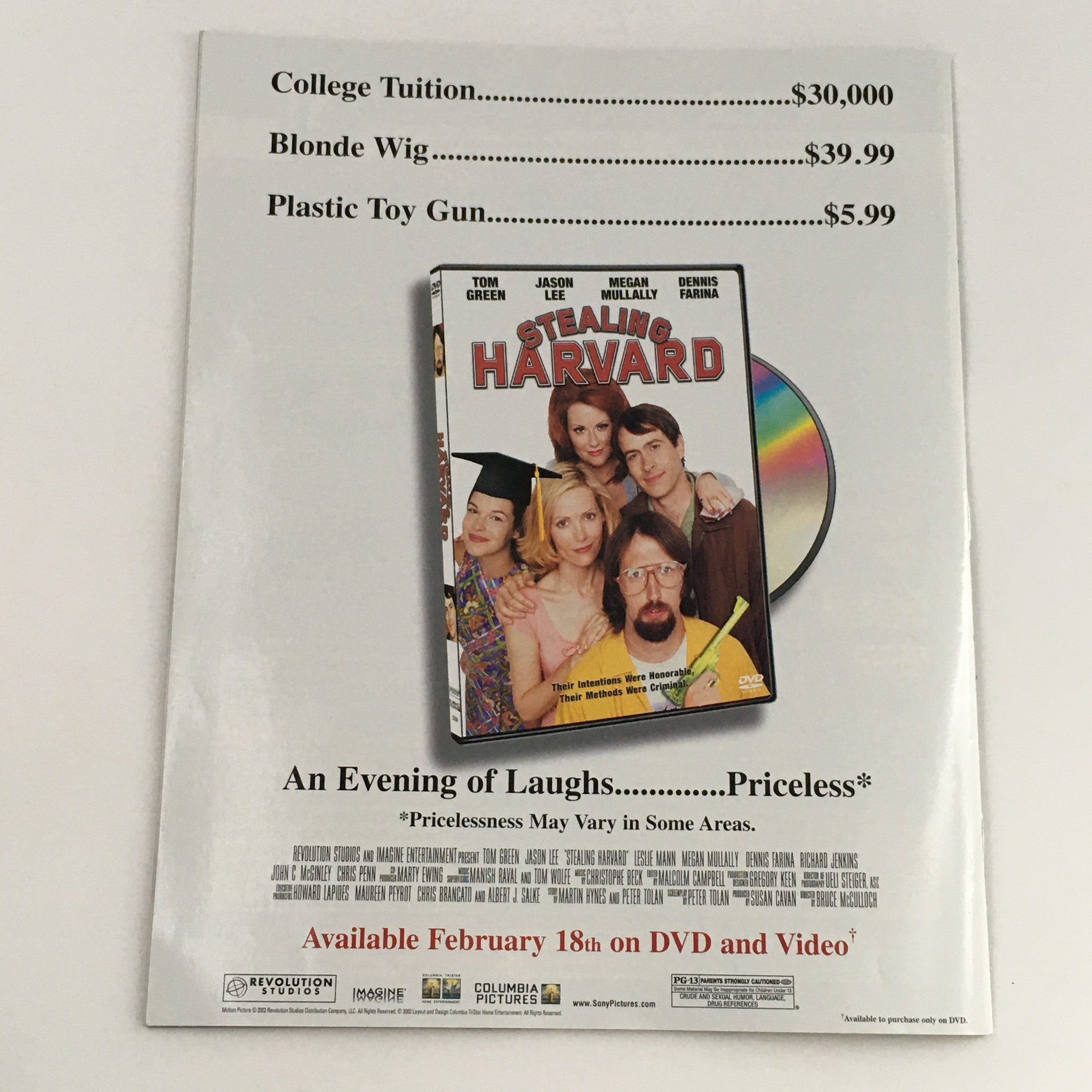 Back cover of WWE Raw Magazine February 2003 titled 'The Stone Cold Truth', displaying an advertisement for the movie 'Stealing Harvard' with DVD release information.