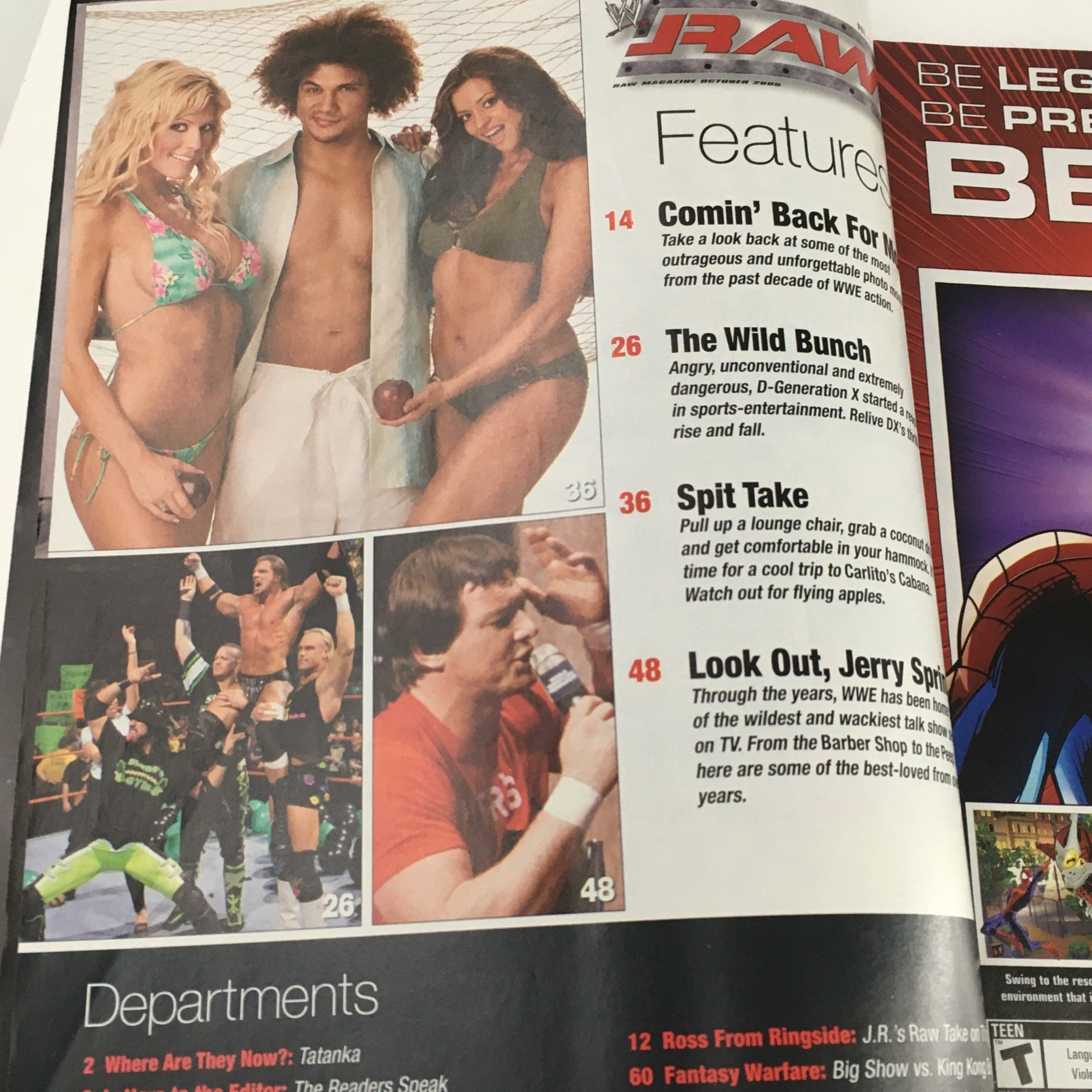 Interior page from WWE Raw Magazine October 2005 showcasing Carlito and action images with context about the magazine's features, emphasizing popular wrestling topics.