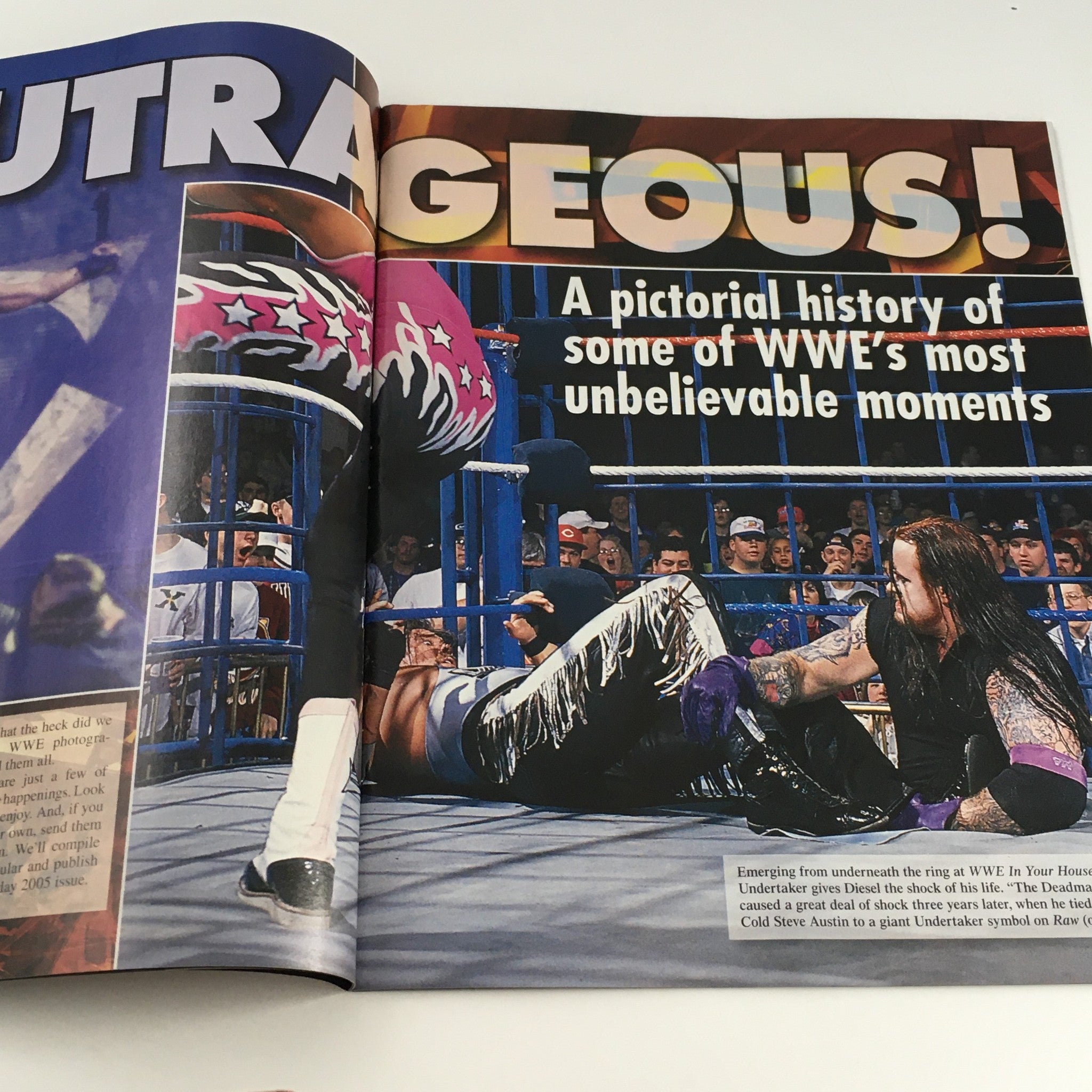 WWE Raw Magazine October 2005 interior page titled 'Outrageous!' presenting a pictorial history of shocking WWE moments, including The Undertaker.