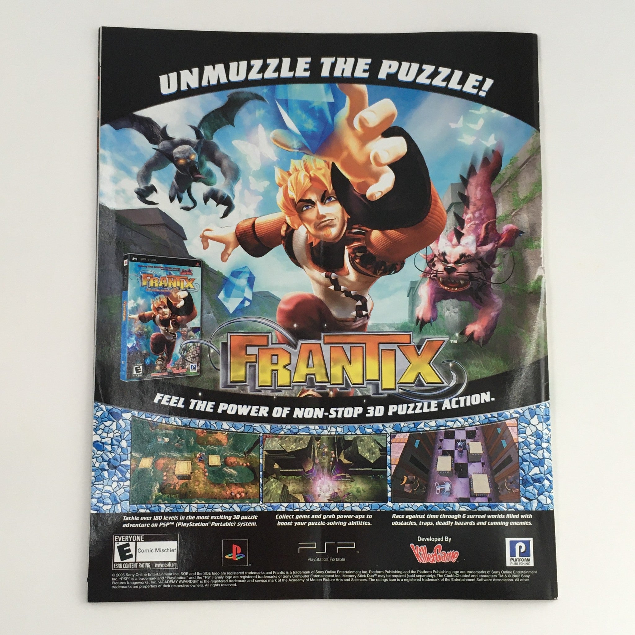 Back cover of WWE Raw Magazine October 2005 highlighting a video game advertisement for 'Frantix' showcasing vibrant graphics and gaming action.