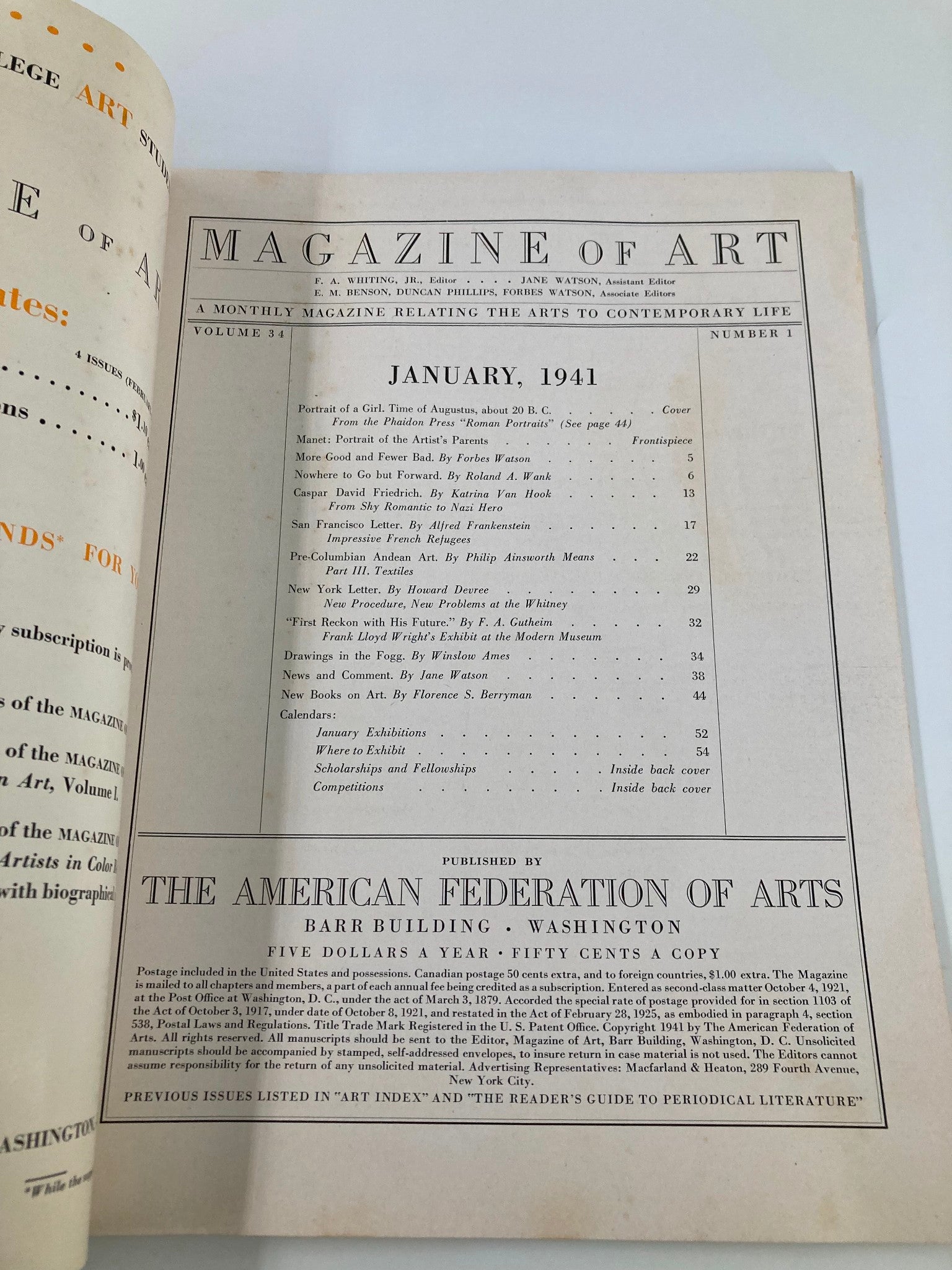 VTG Magazine of Art January 1941 Portrait of a Girl Time of Augustus No Label